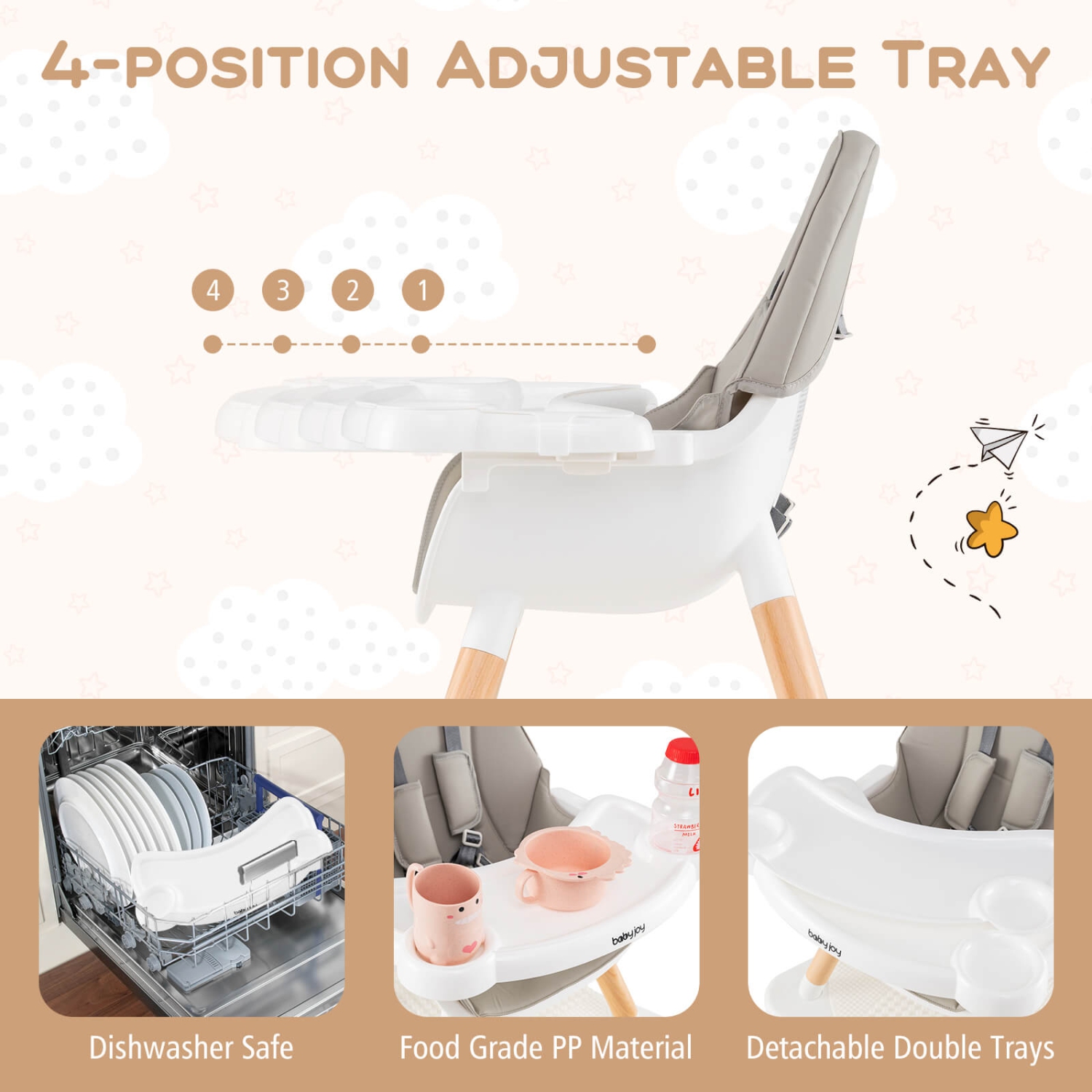 Chaise haute convertible 6-en-1 pour bébé en bois avec ceinture de sécurité à 5 points de Costway