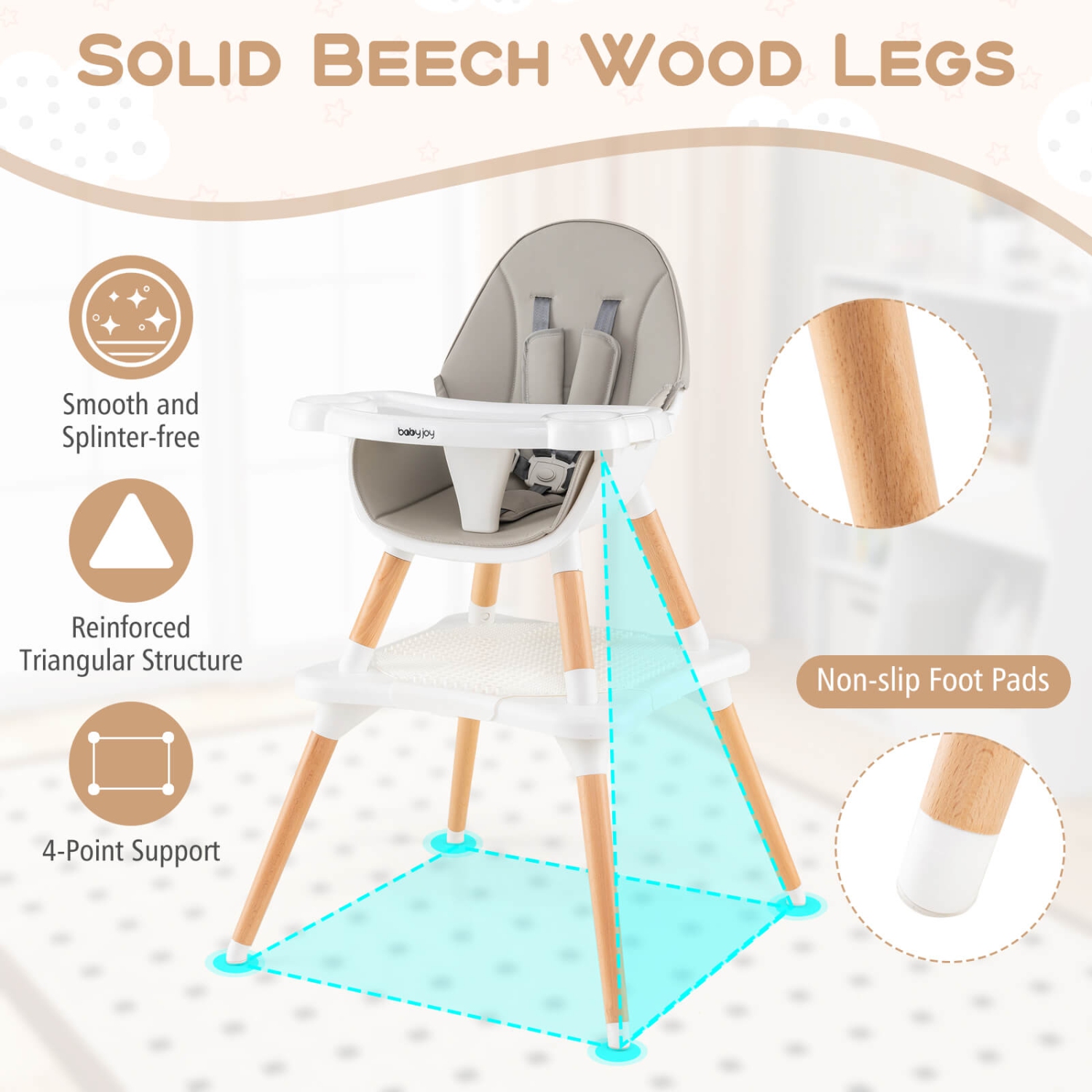 Chaise haute convertible 6-en-1 pour bébé en bois avec ceinture de sécurité à 5 points de Costway