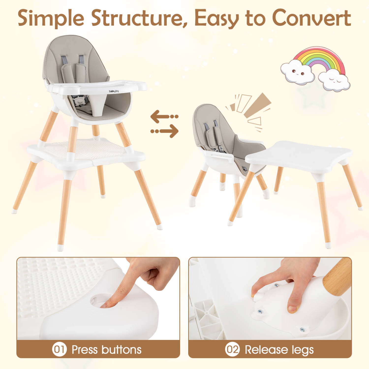 Chaise haute convertible 6-en-1 pour bébé en bois avec ceinture de sécurité à 5 points de Costway