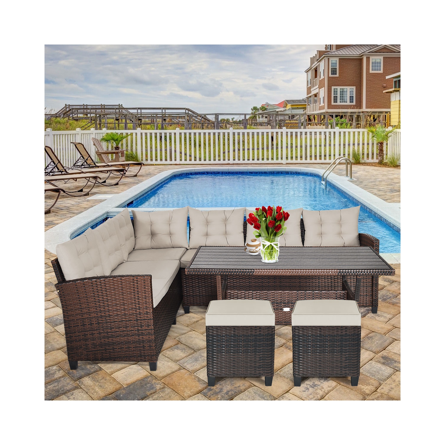 Gymax 4PCS Rattan Ottoman Outdoor Patio Furniture Cushioned Footstool Footrest