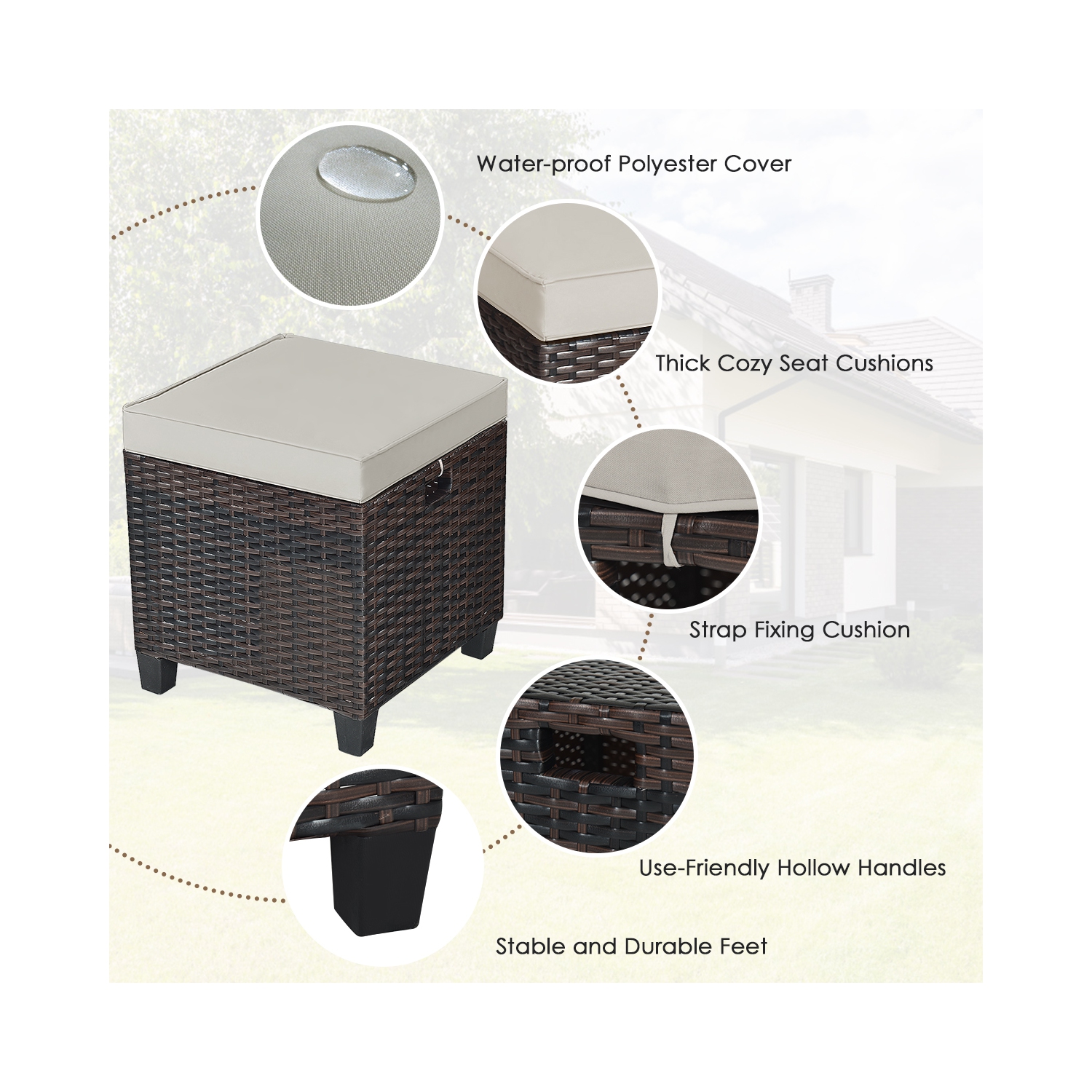 Gymax 4PCS Rattan Ottoman Outdoor Patio Furniture Cushioned Footstool Footrest