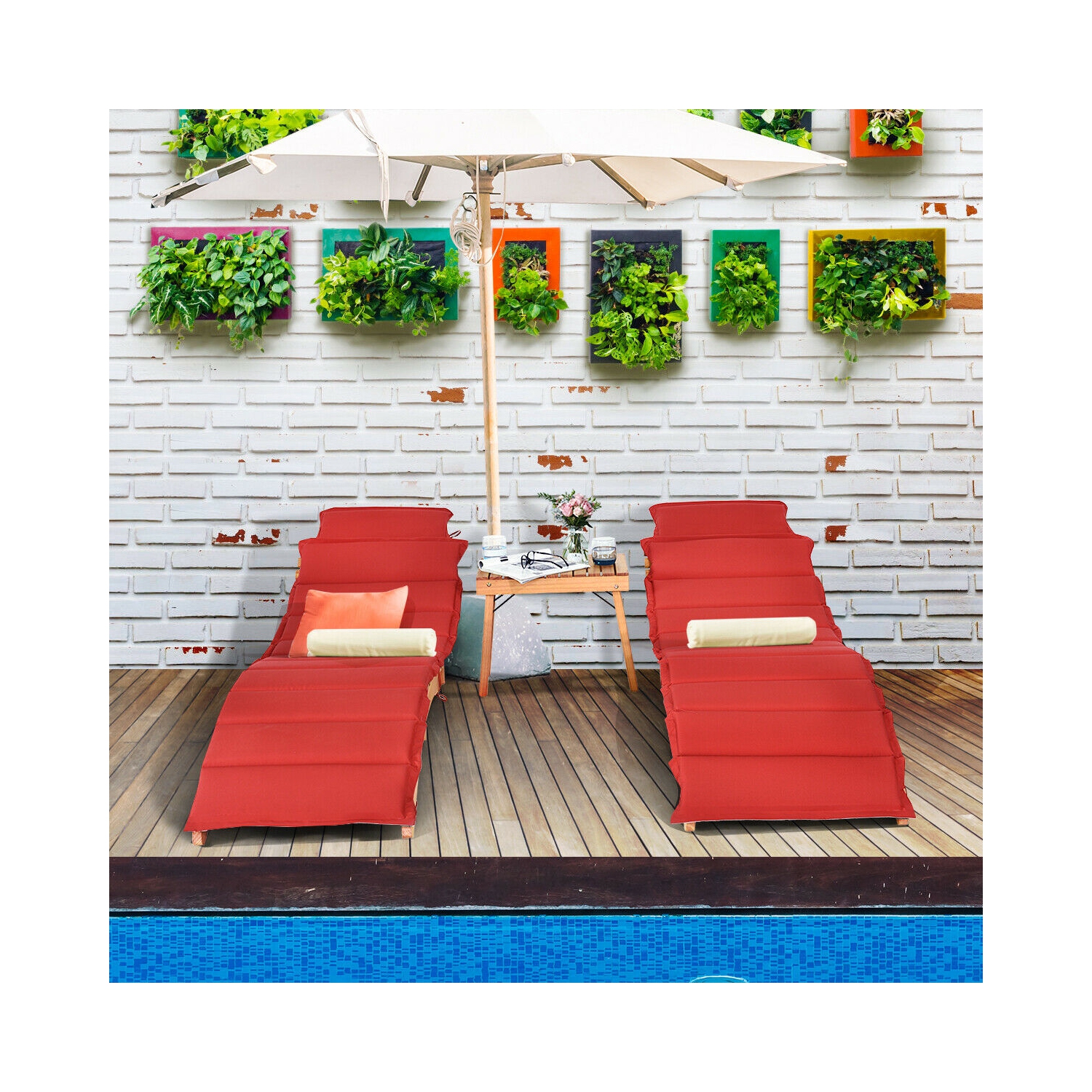 Gymax 3 PCS Folding Eucalyptus Lounge Chair & Table Set w/ Double-sided Cushion