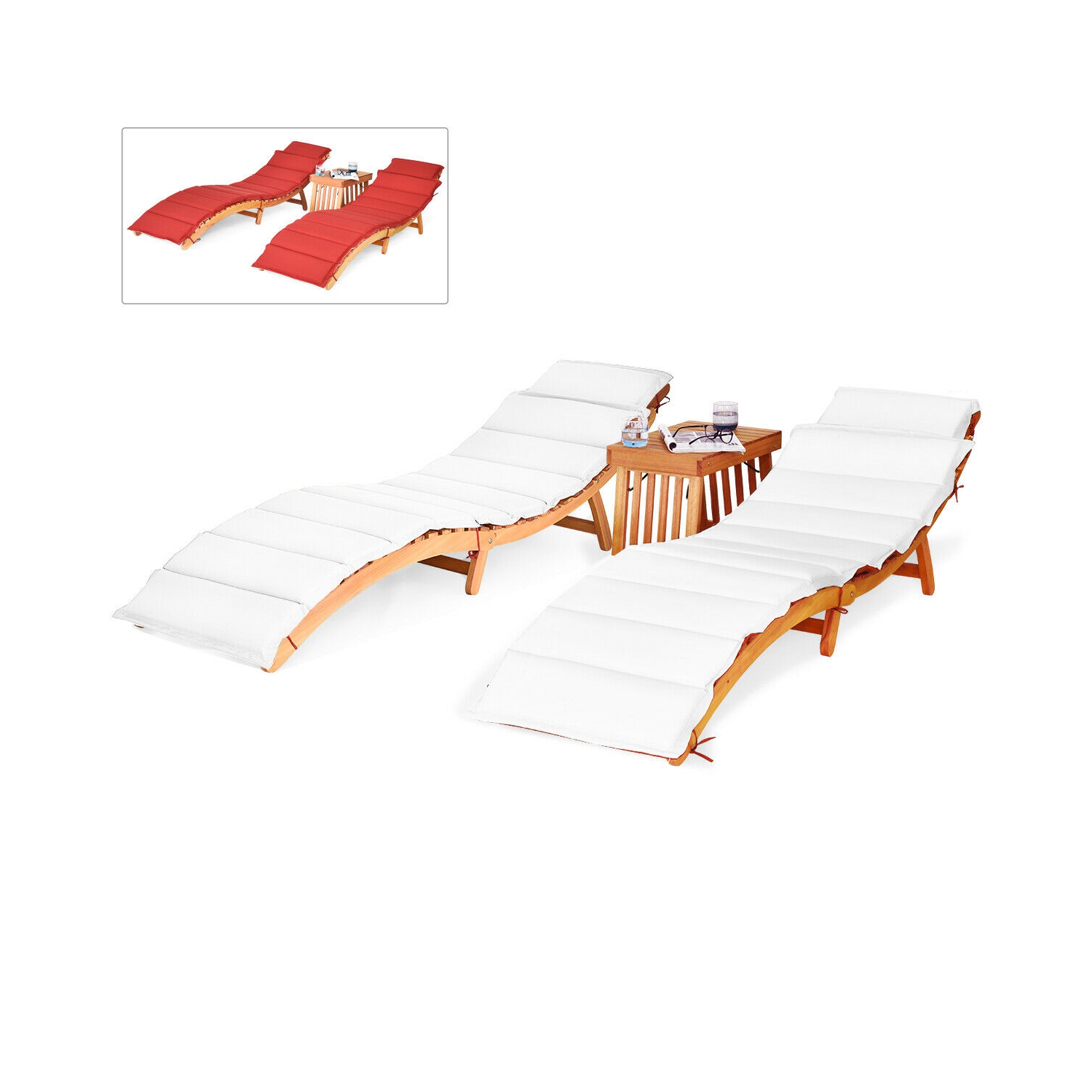 Gymax 3 PCS Folding Eucalyptus Lounge Chair & Table Set w/ Double-sided Cushion