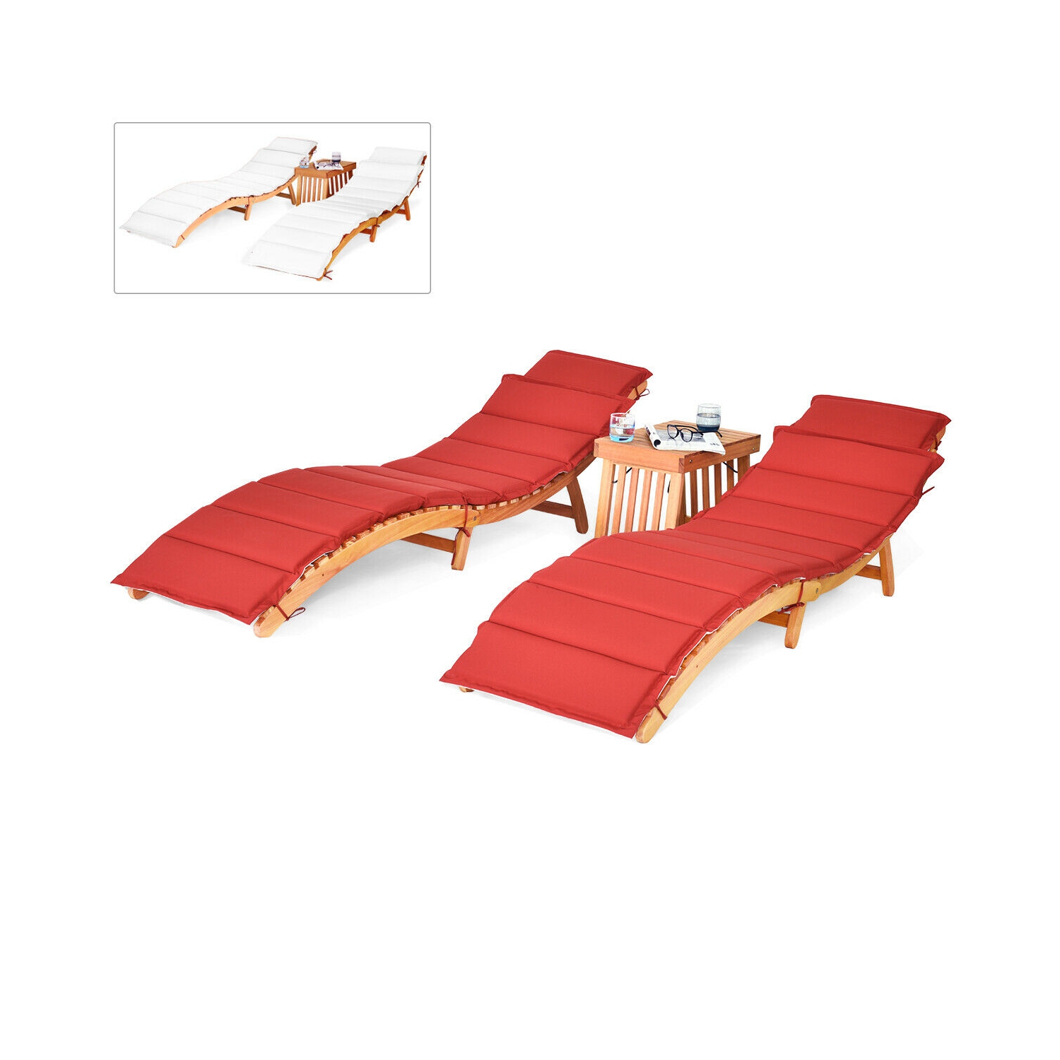 Gymax 3 PCS Folding Eucalyptus Lounge Chair & Table Set w/ Double-sided Cushion