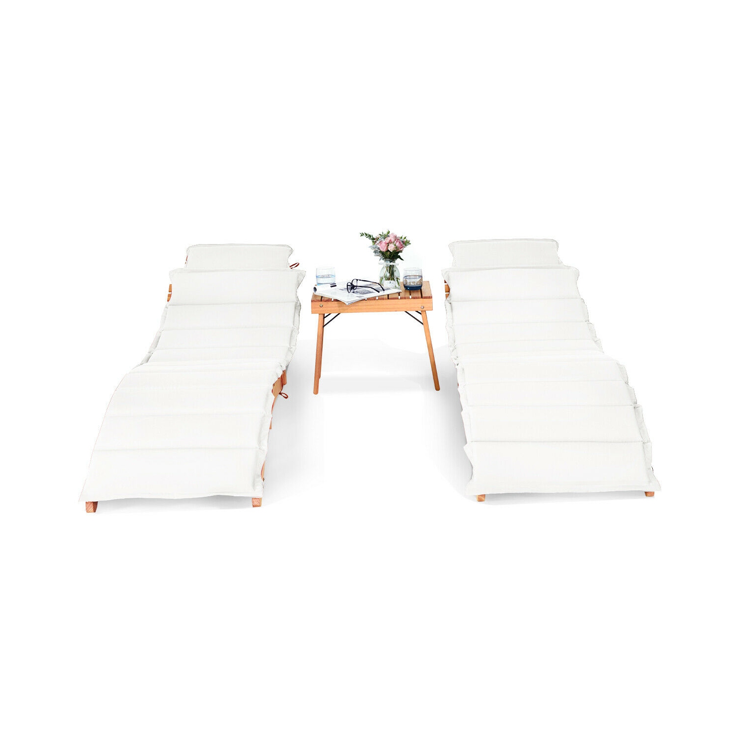 Gymax 3 PCS Folding Eucalyptus Lounge Chair & Table Set w/ Double-sided Cushion