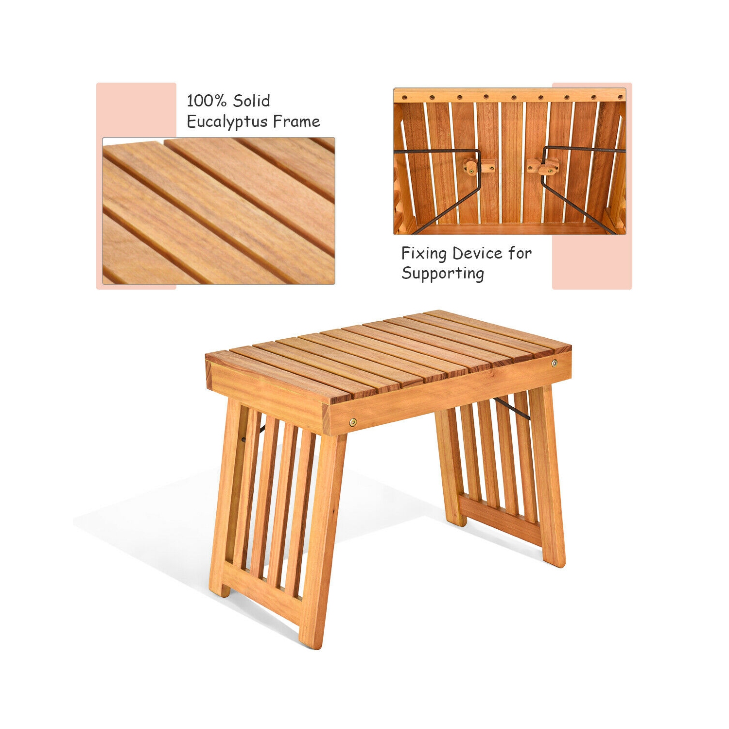 Gymax 3 PCS Folding Eucalyptus Lounge Chair & Table Set w/ Double-sided Cushion