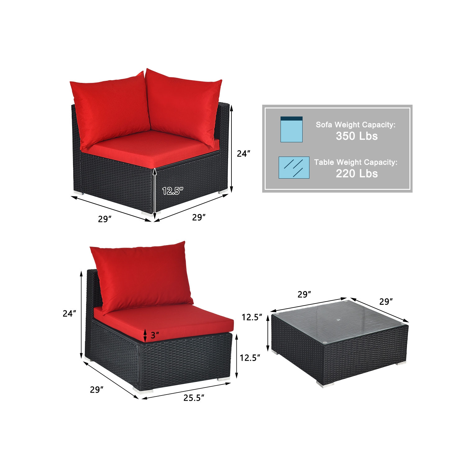 Gymax 7PCS Rattan Patio Conversation Set Sectional Furniture Set w/ Red Cushion