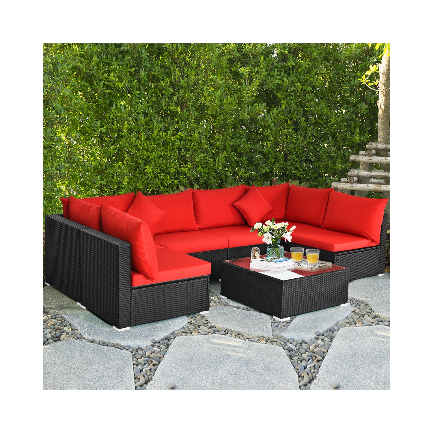 Gymax 7PCS Rattan Patio Conversation Set Sectional Furniture Set w/ Red Cushion