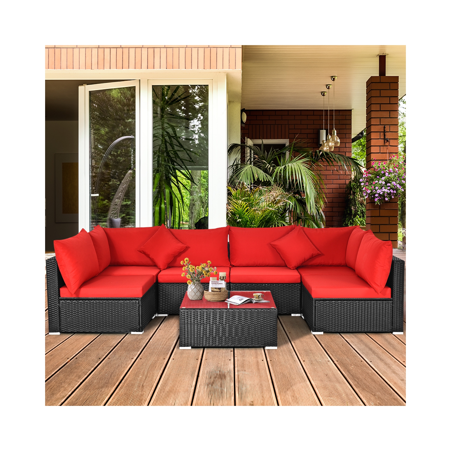 Gymax 7PCS Rattan Patio Conversation Set Sectional Furniture Set w/ Red Cushion
