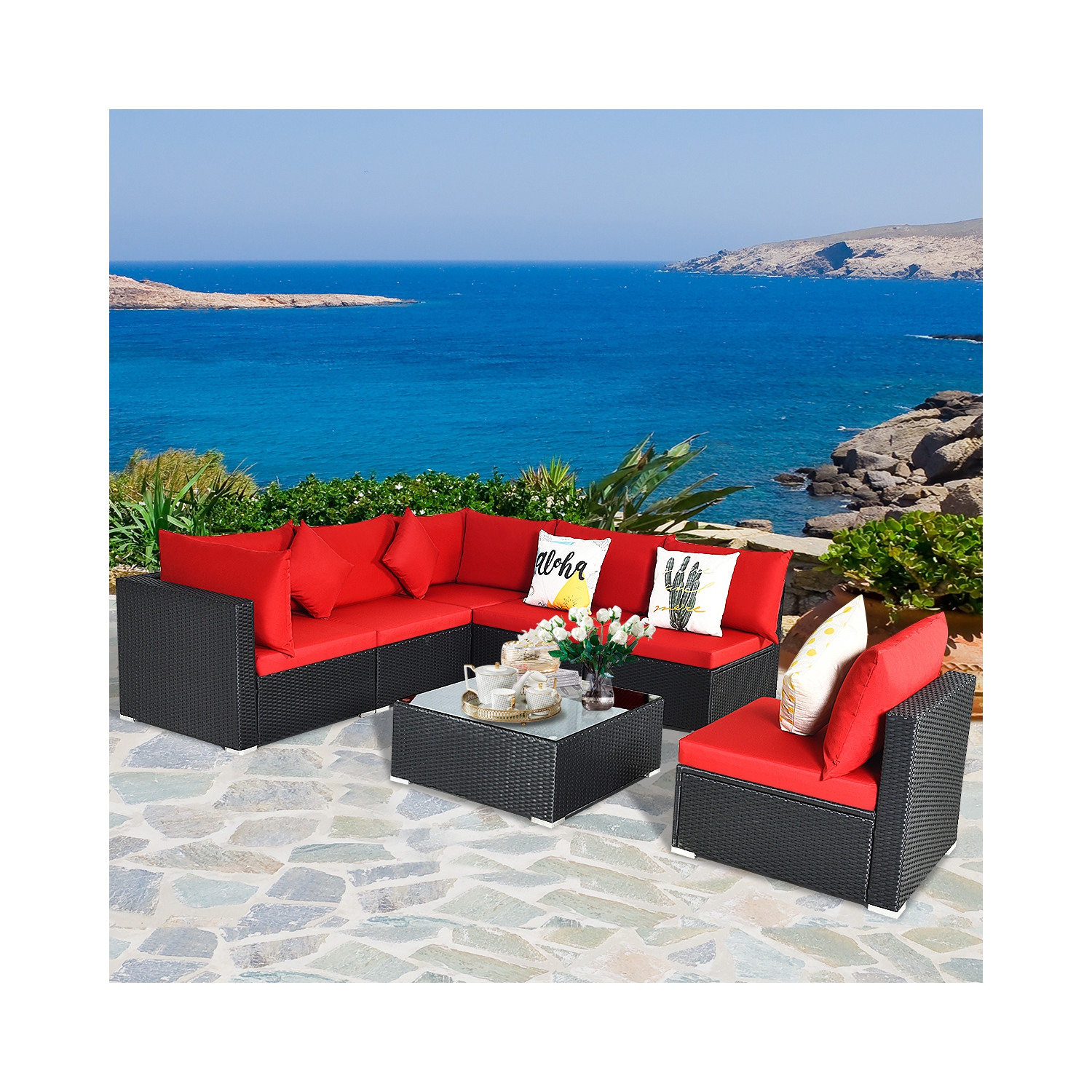 Gymax 7PCS Rattan Patio Conversation Set Sectional Furniture Set w/ Red Cushion