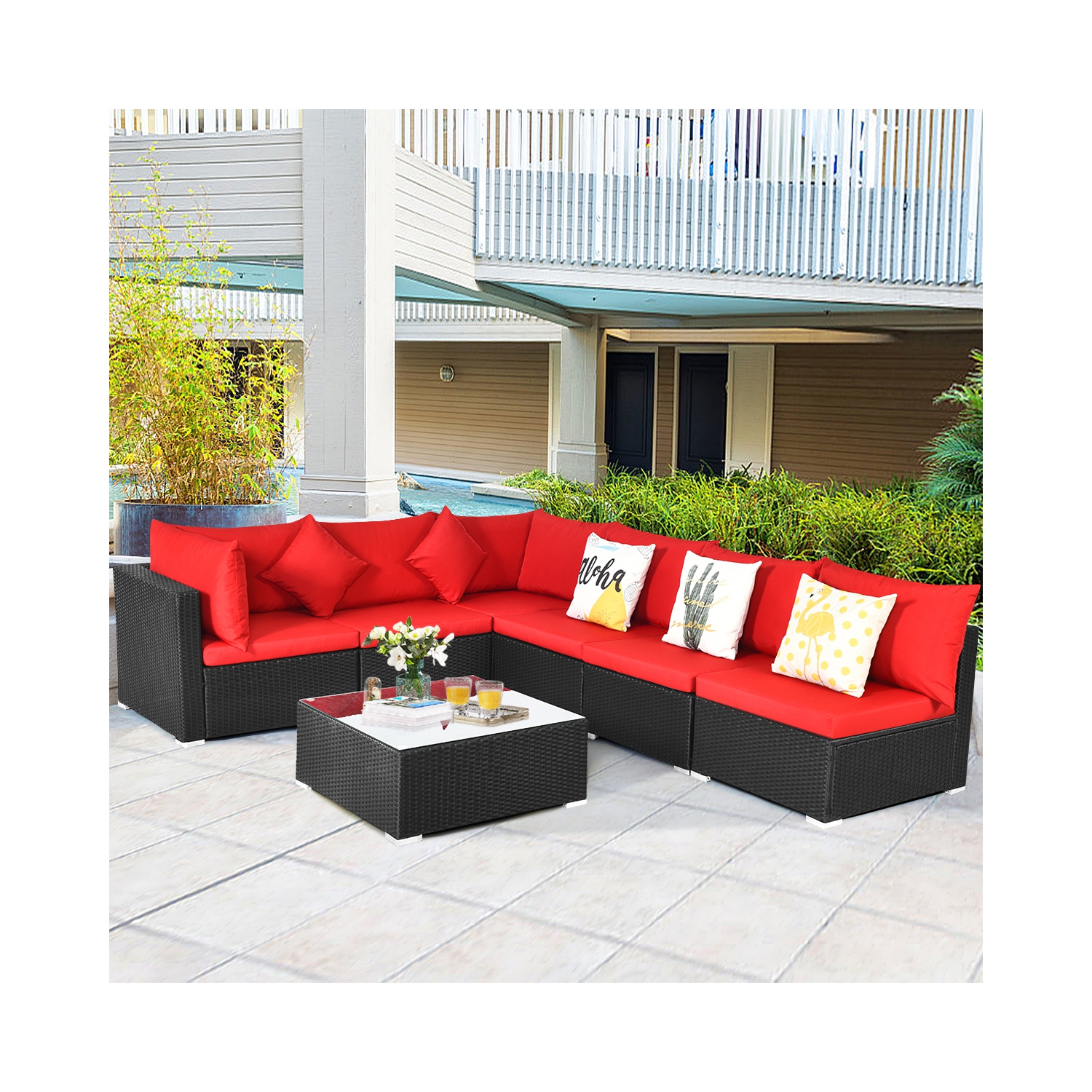Gymax 7PCS Rattan Patio Conversation Set Sectional Furniture Set w/ Red Cushion