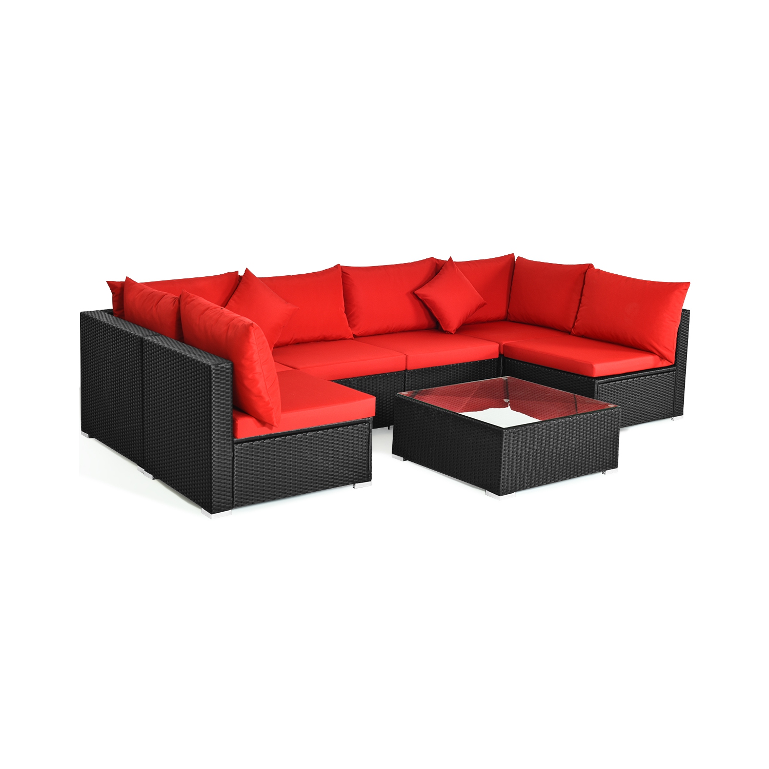 Gymax 7PCS Rattan Patio Conversation Set Sectional Furniture Set w/ Red Cushion