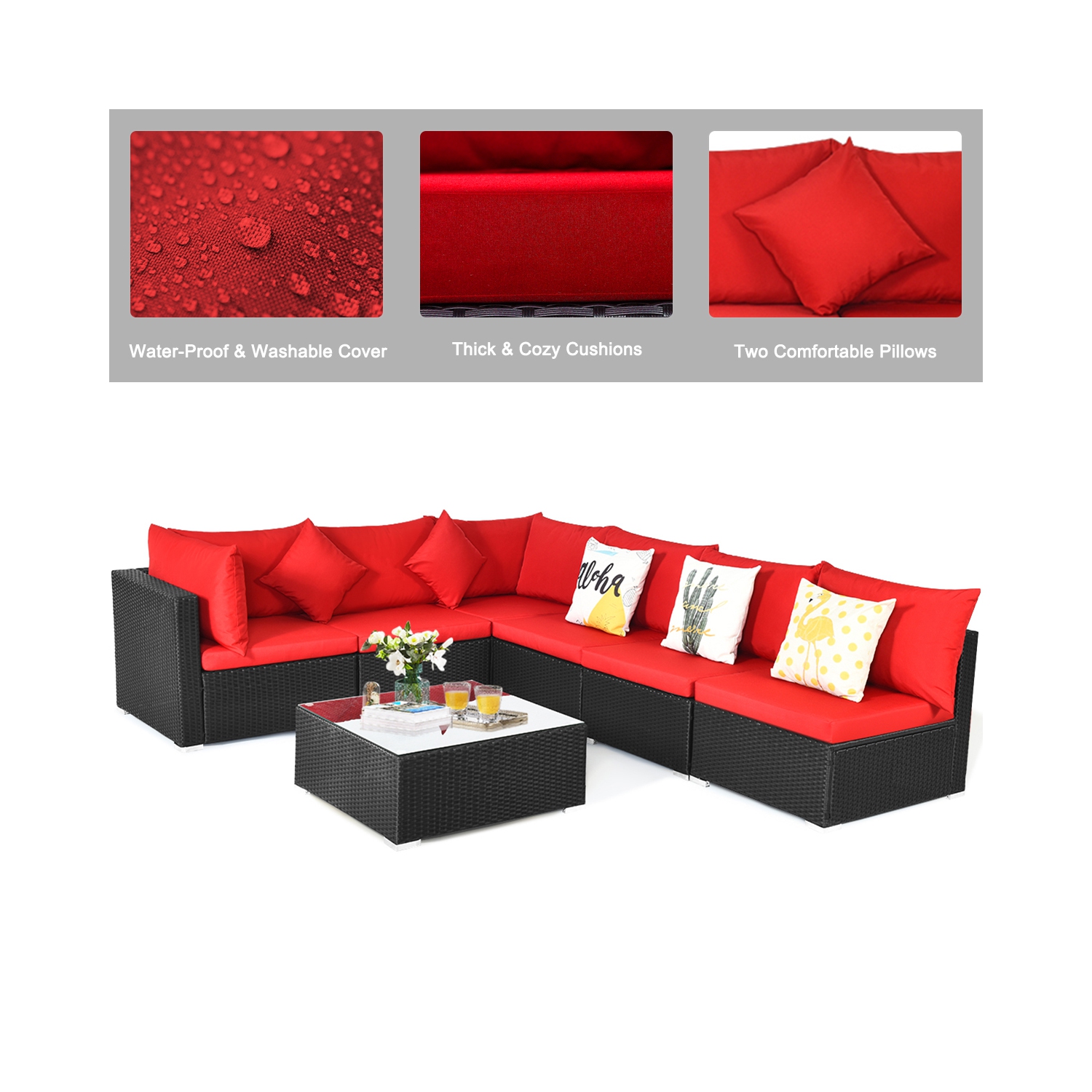 Gymax 7PCS Rattan Patio Conversation Set Sectional Furniture Set w/ Red Cushion