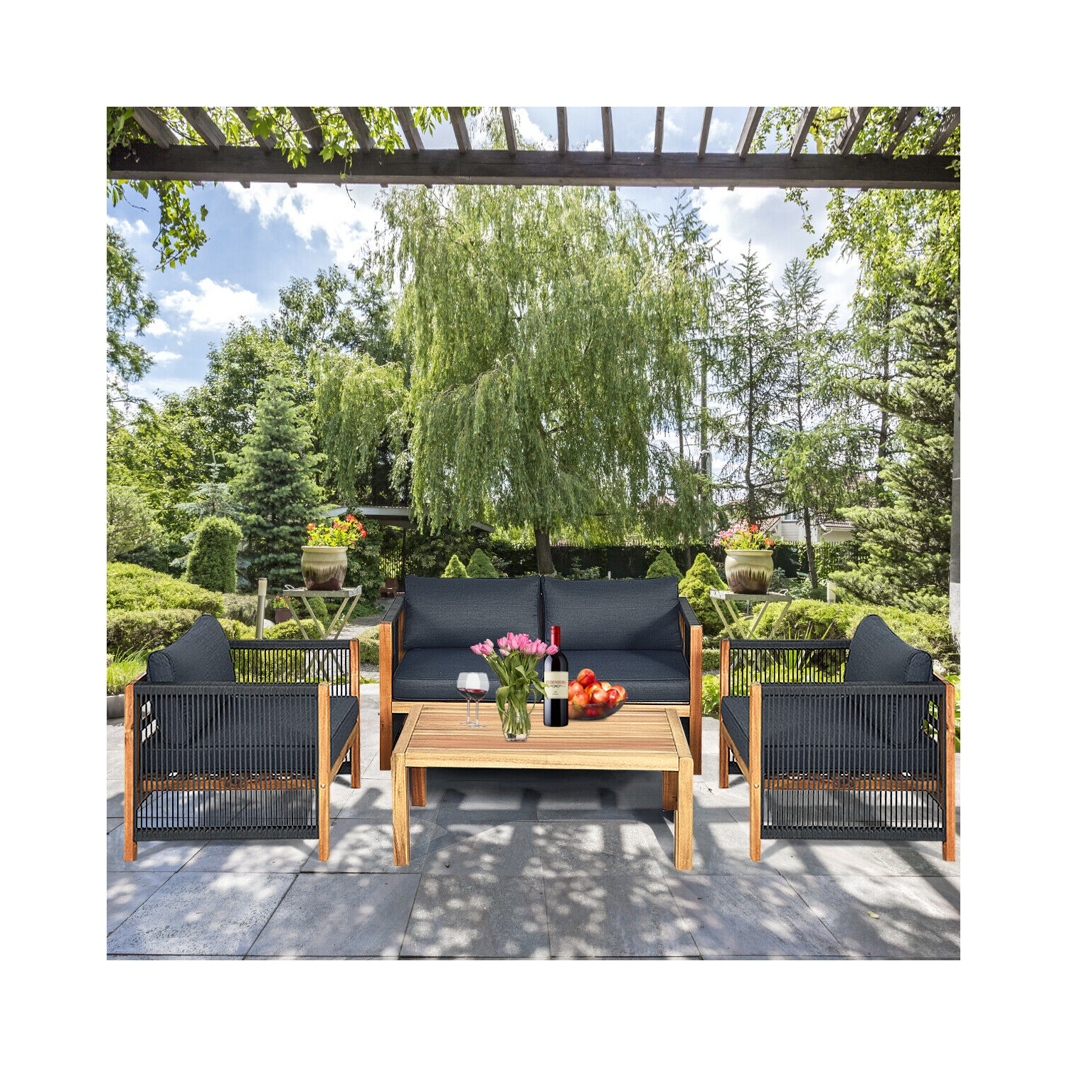 4PCS Ensemble de mobilier en bois d'acacia pour l'extérieur avec coussins Gymax