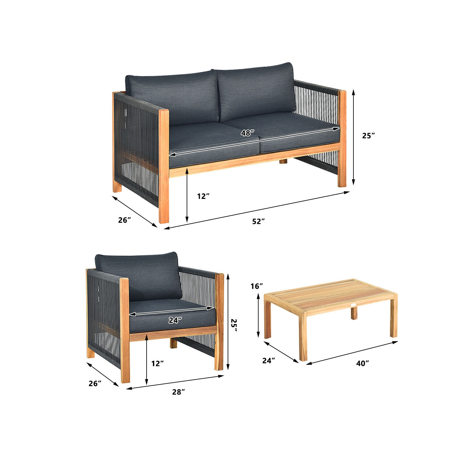 4PCS Ensemble de mobilier en bois d'acacia pour l'extérieur avec coussins Gymax
