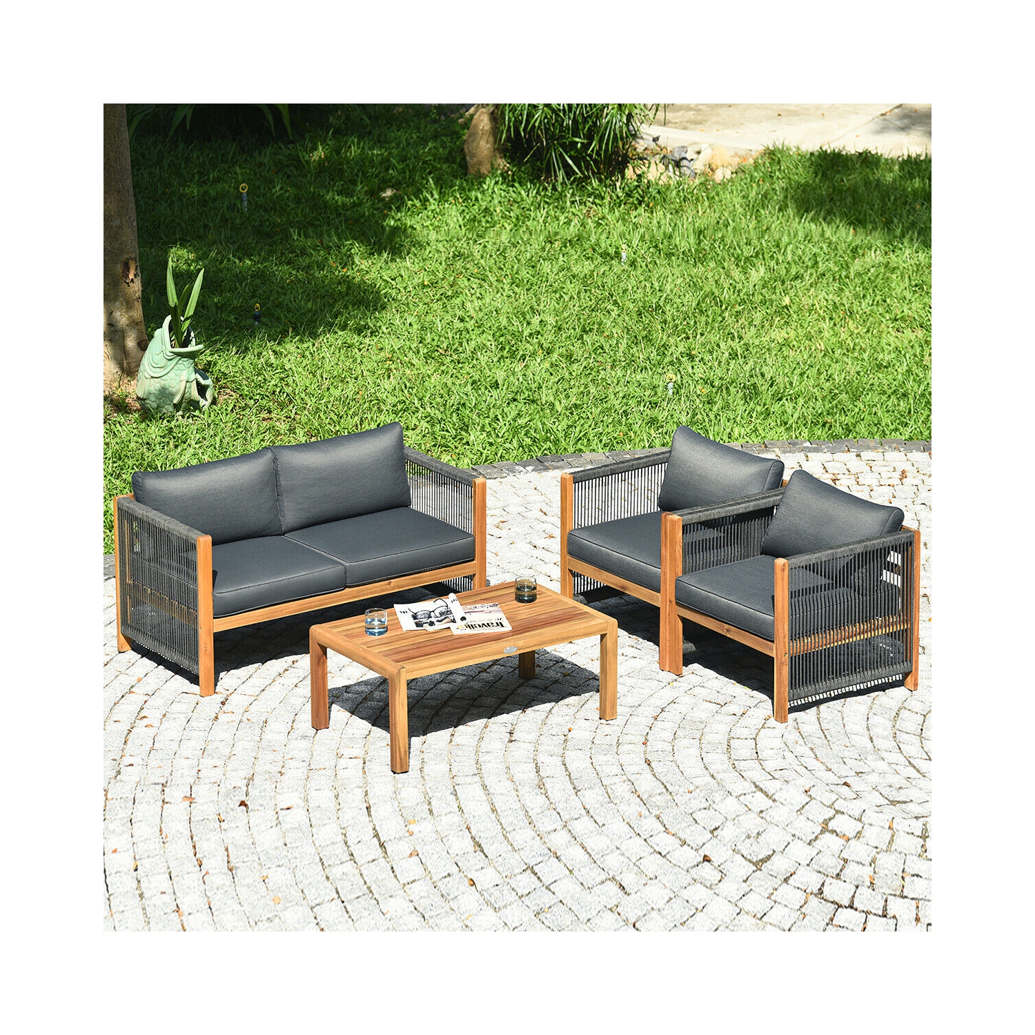4PCS Ensemble de mobilier en bois d'acacia pour l'extérieur avec coussins Gymax