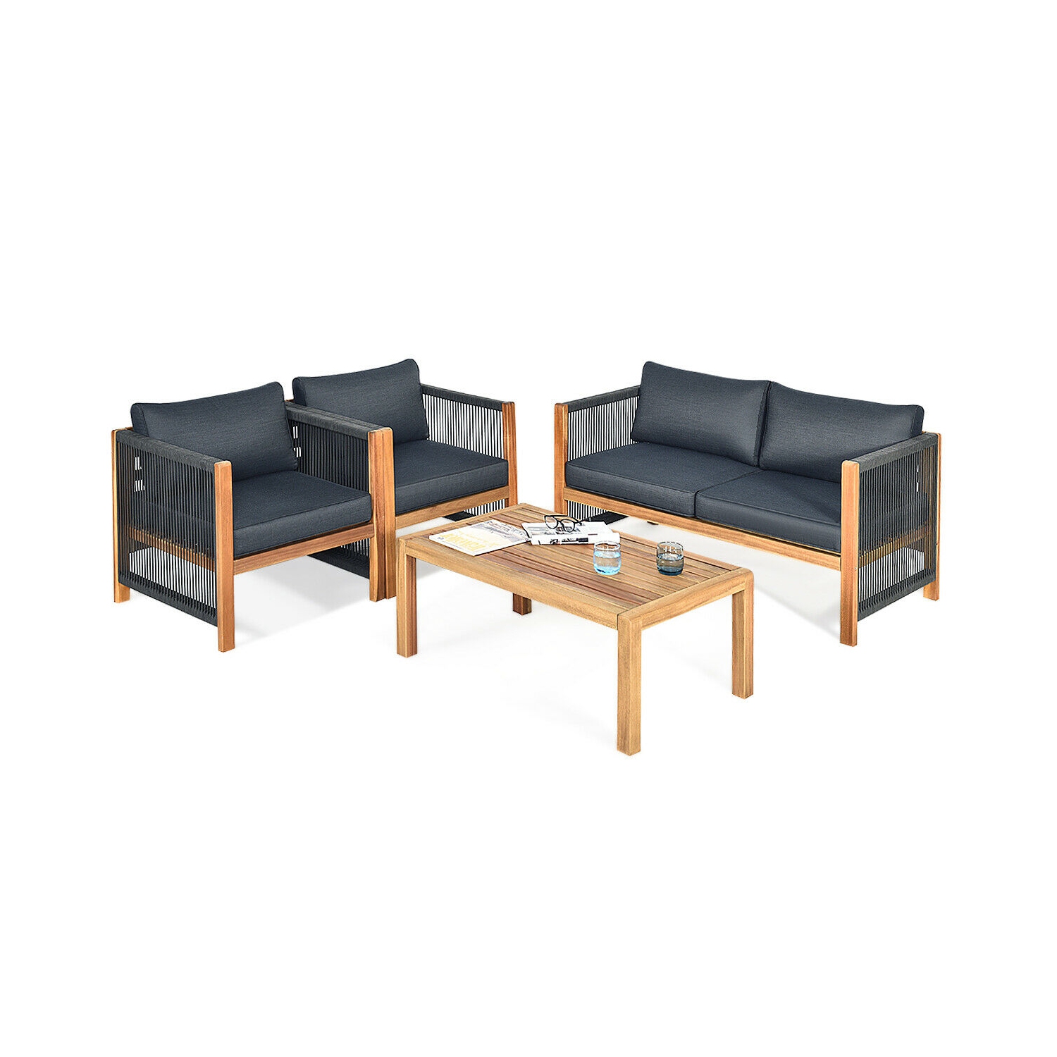4PCS Ensemble de mobilier en bois d'acacia pour l'extérieur avec coussins Gymax