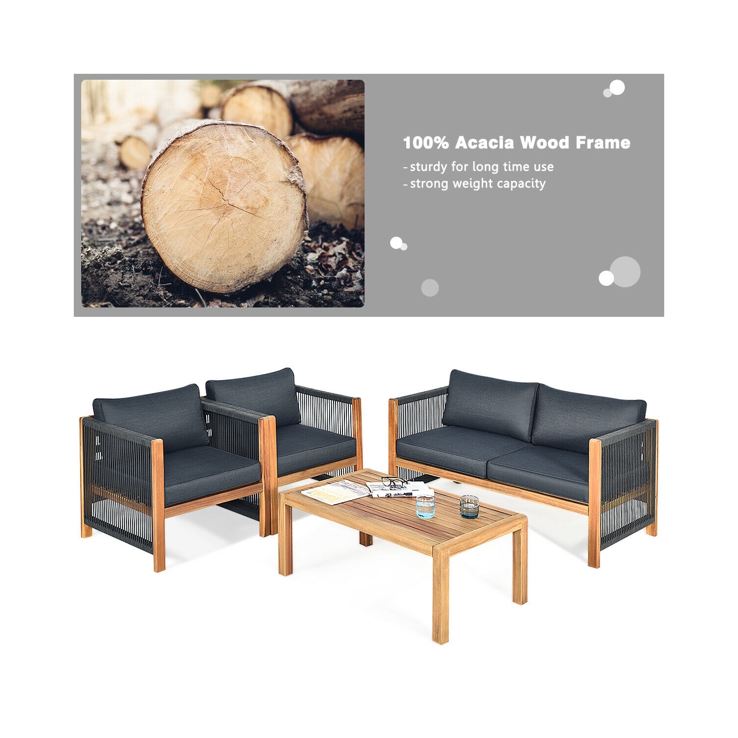 4PCS Ensemble de mobilier en bois d'acacia pour l'extérieur avec coussins Gymax