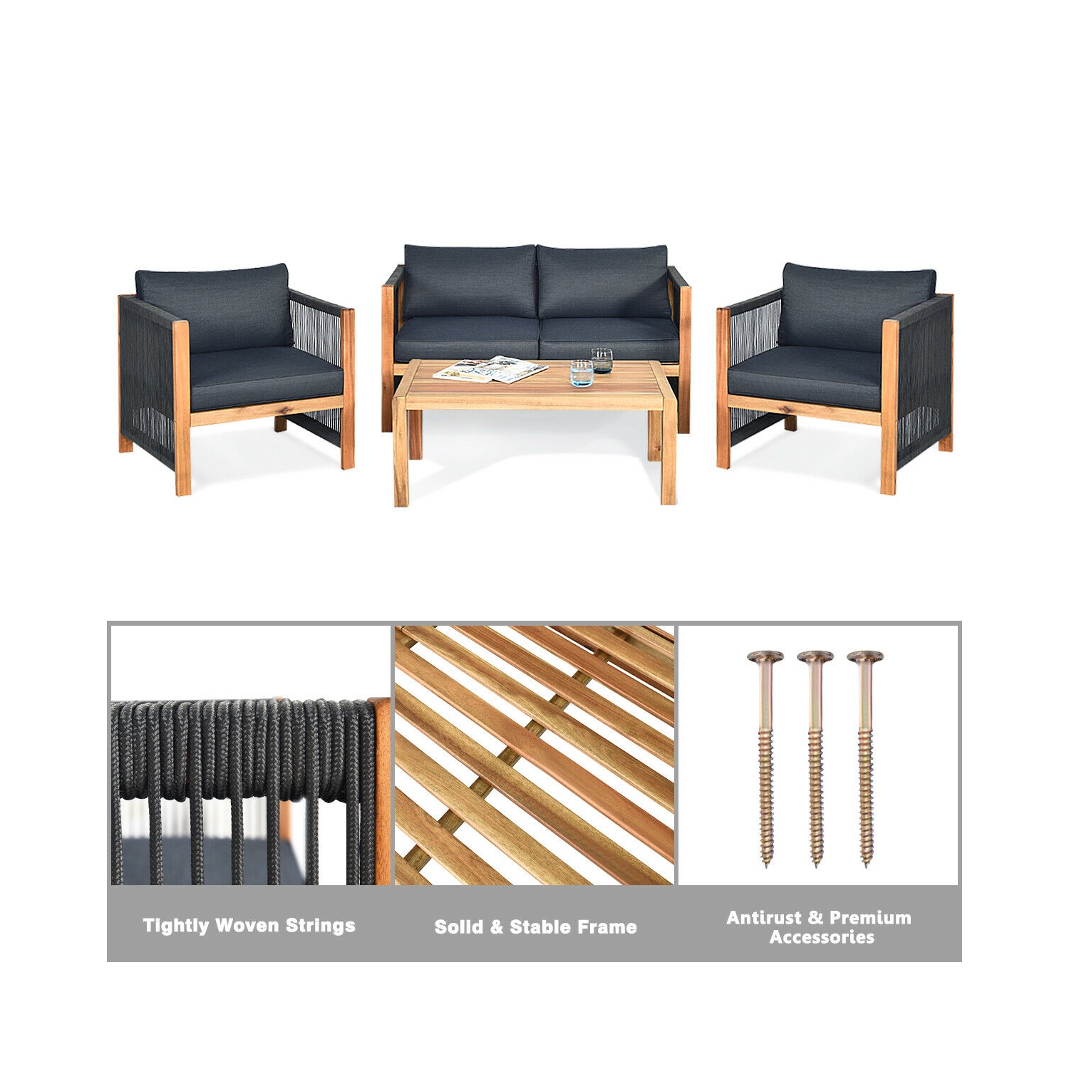 4PCS Ensemble de mobilier en bois d'acacia pour l'extérieur avec coussins Gymax