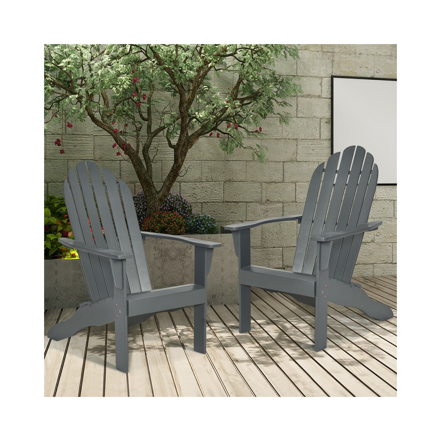 Gymax 2PCS Wooden Classic Adirondack Chair Lounge Chair Outdoor Patio Grey
