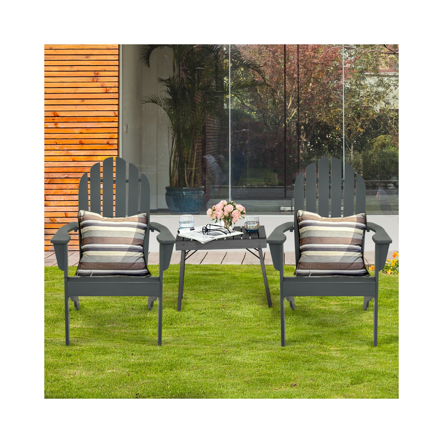 Gymax 2PCS Wooden Classic Adirondack Chair Lounge Chair Outdoor Patio Grey