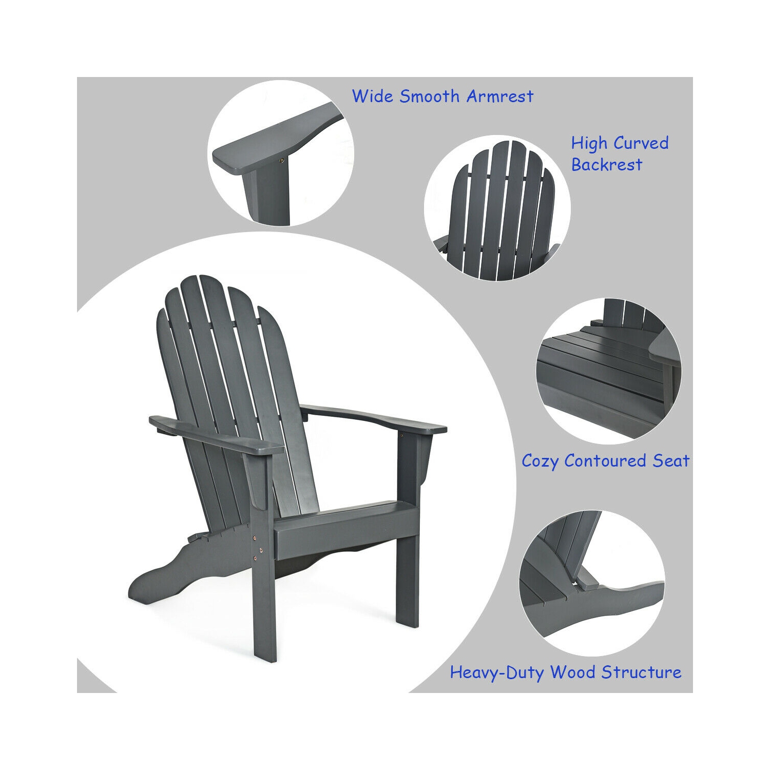 Gymax 2PCS Wooden Classic Adirondack Chair Lounge Chair Outdoor Patio Grey