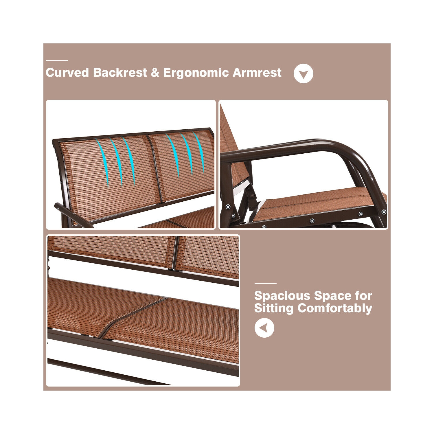 Chaise balançoire d'extérieur, banc de terrasse confortable pour 2 personnes,Marron