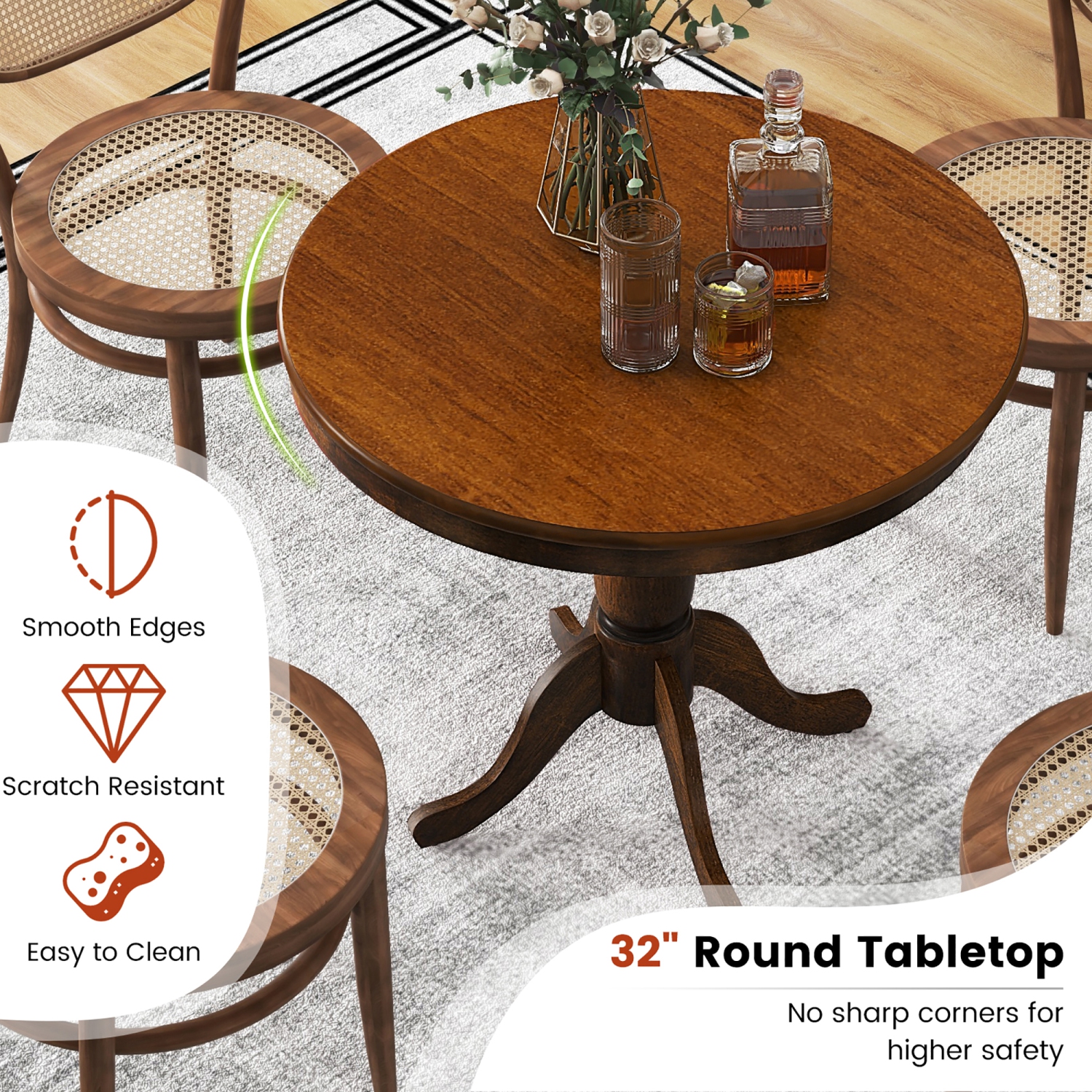 Gymax 32" Round Pedestal Dining Table Kitchen Dining Room Walnut