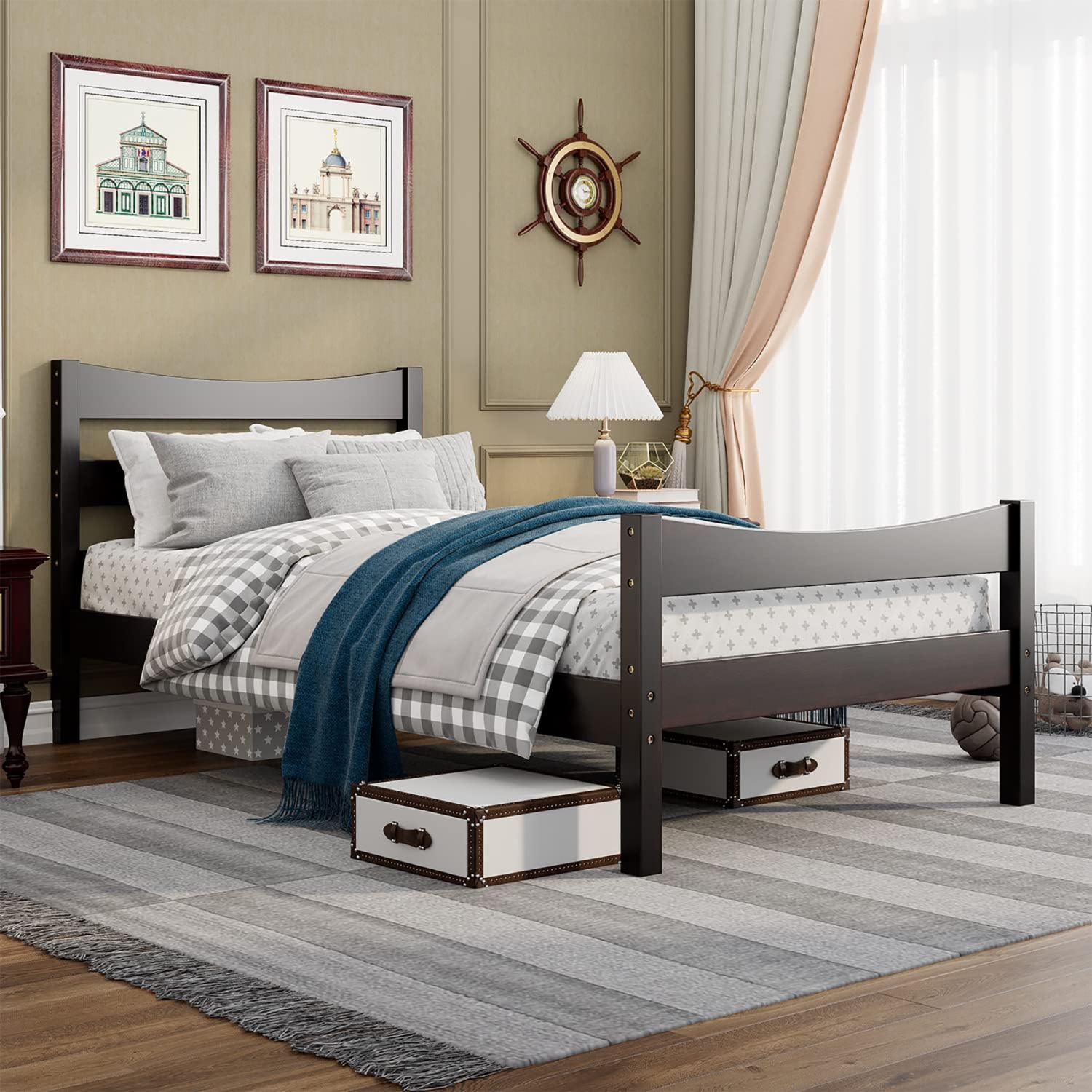 Gymax Twin Size Platform Bed Frame Foundation w/Headboard &Wood Slat Support Espresso