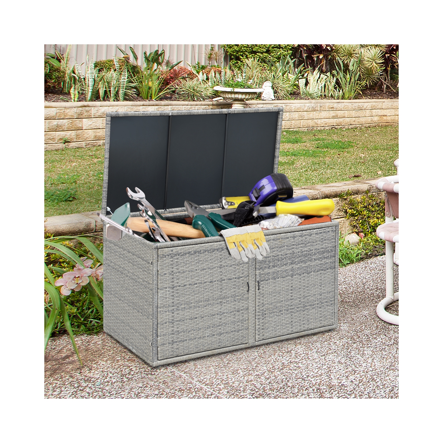 Gymax 88 Gallon Rattan Storage Box Outdoor Patio Container Seat w/ Shelf Door