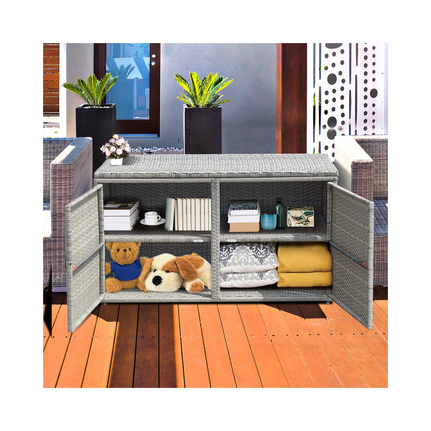 Gymax 88 Gallon Rattan Storage Box Outdoor Patio Container Seat w/ Shelf Door