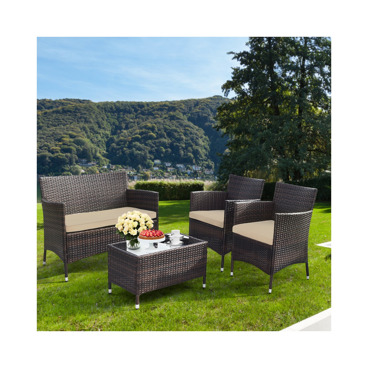 Gymax 4PCS Patio Rattan Conversation Furniture Set Outdoor w/ Cushion