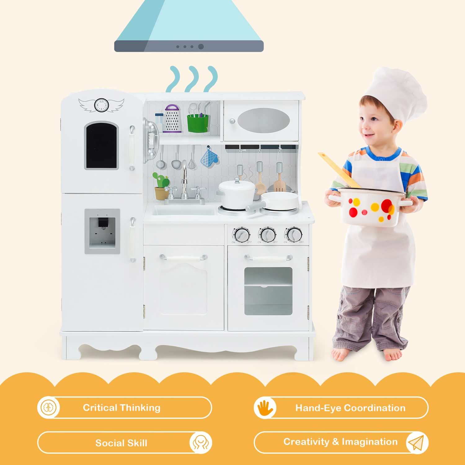 Costway Play Kitchen Pretend Play Cookware Set Toys for Kids w/ Water Dispenser