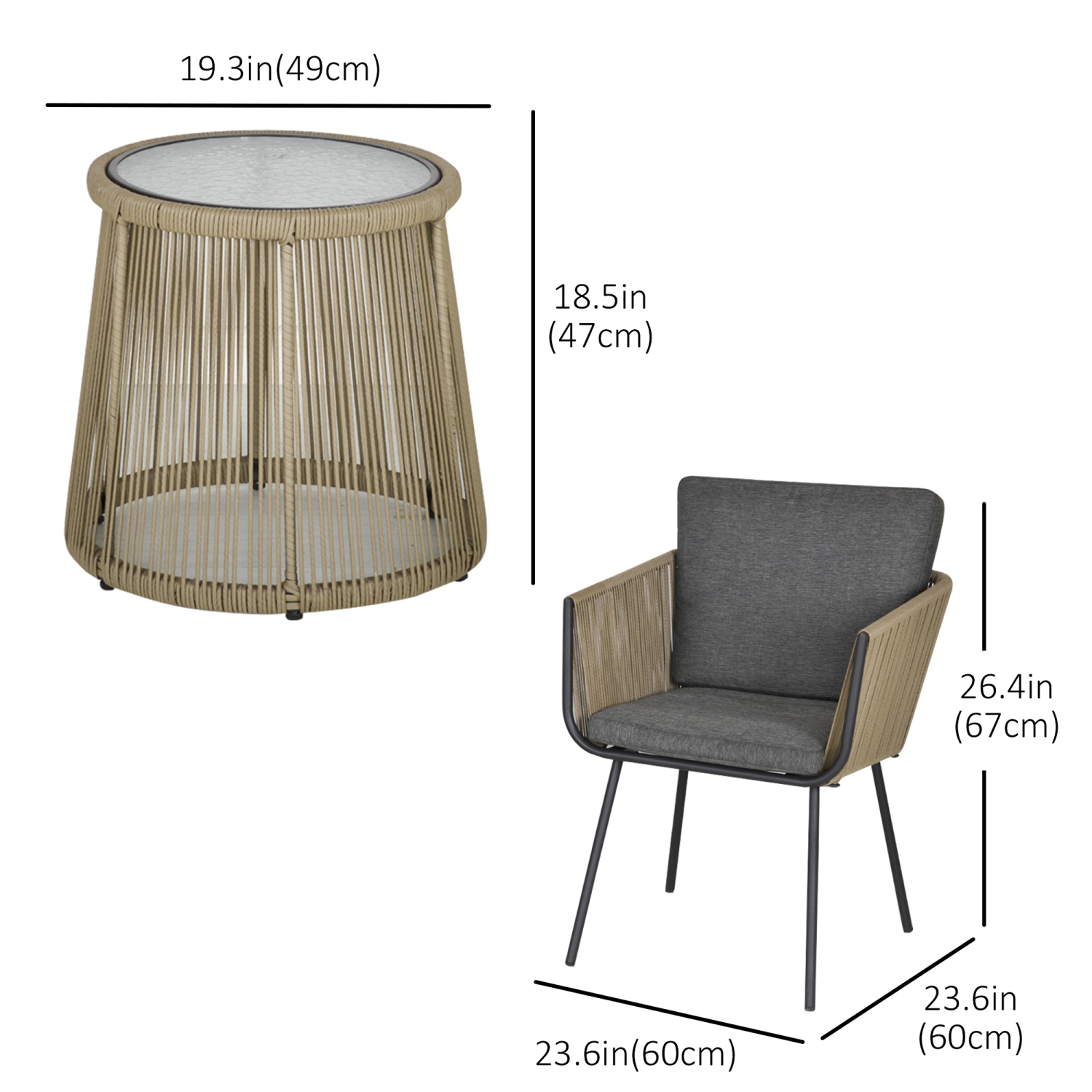 Outsunny 3 Pieces Wicker Patio Furniture Set, Rattan Bistro Set with Coffee Table and Cushions, Outdoor Conversation Set for Garden, Porch, Balcony,