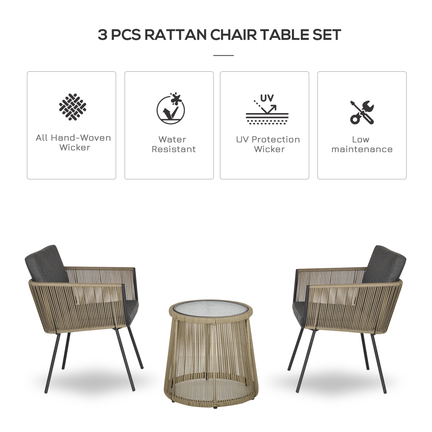 Outsunny 3 Pieces Wicker Patio Furniture Set, Rattan Bistro Set with Coffee Table and Cushions, Outdoor Conversation Set for Garden, Porch, Balcony,