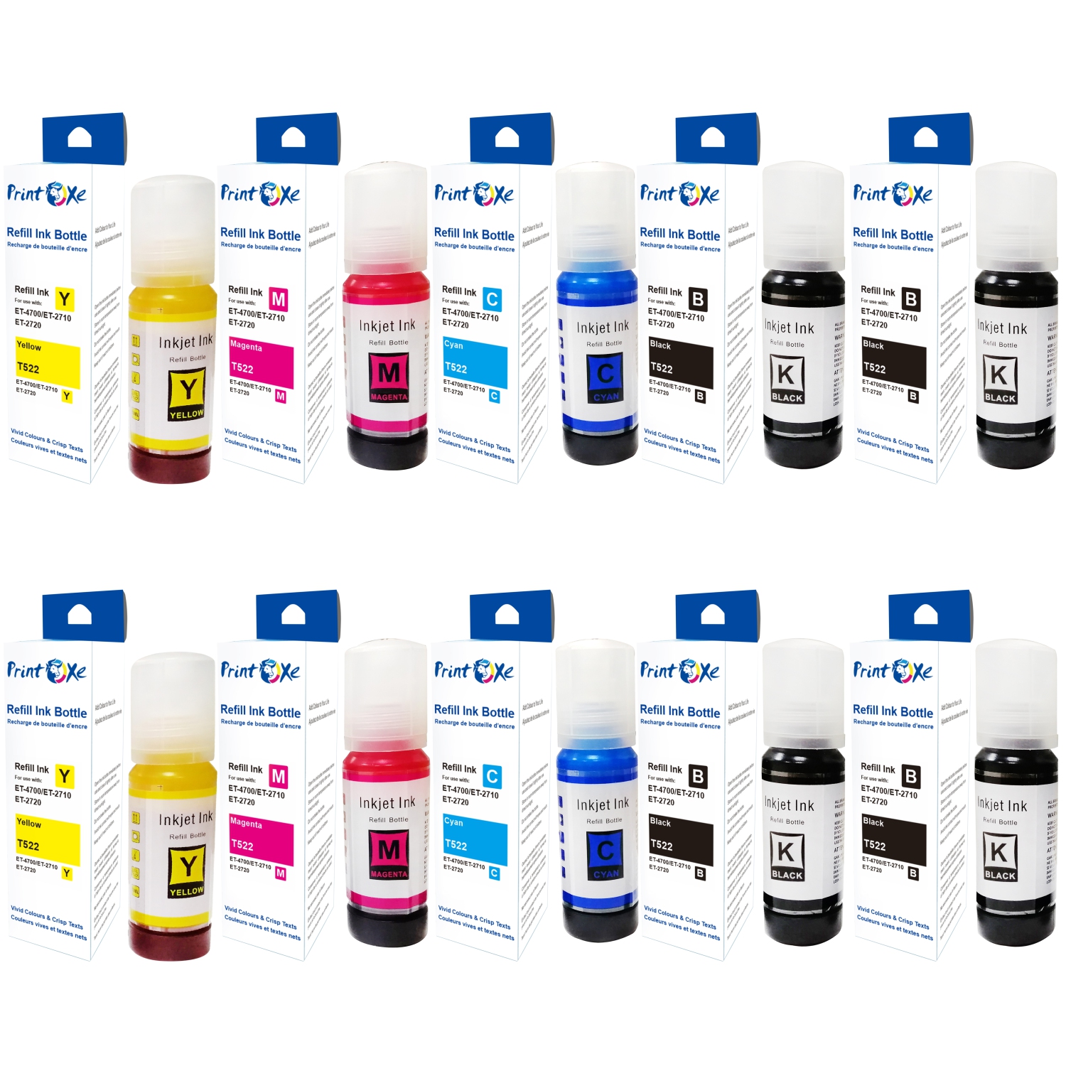 PRINTOXE® T522 Compatible Ink Refill Bottles 2 Sets + 2 BK 522 ; 10 Bottles; 4 BK T522120 | 2 Cyan T522220 | 2 Magenta T522320 | 2 Yellow T522420 for Epson ET 1110 2710 2720 4700