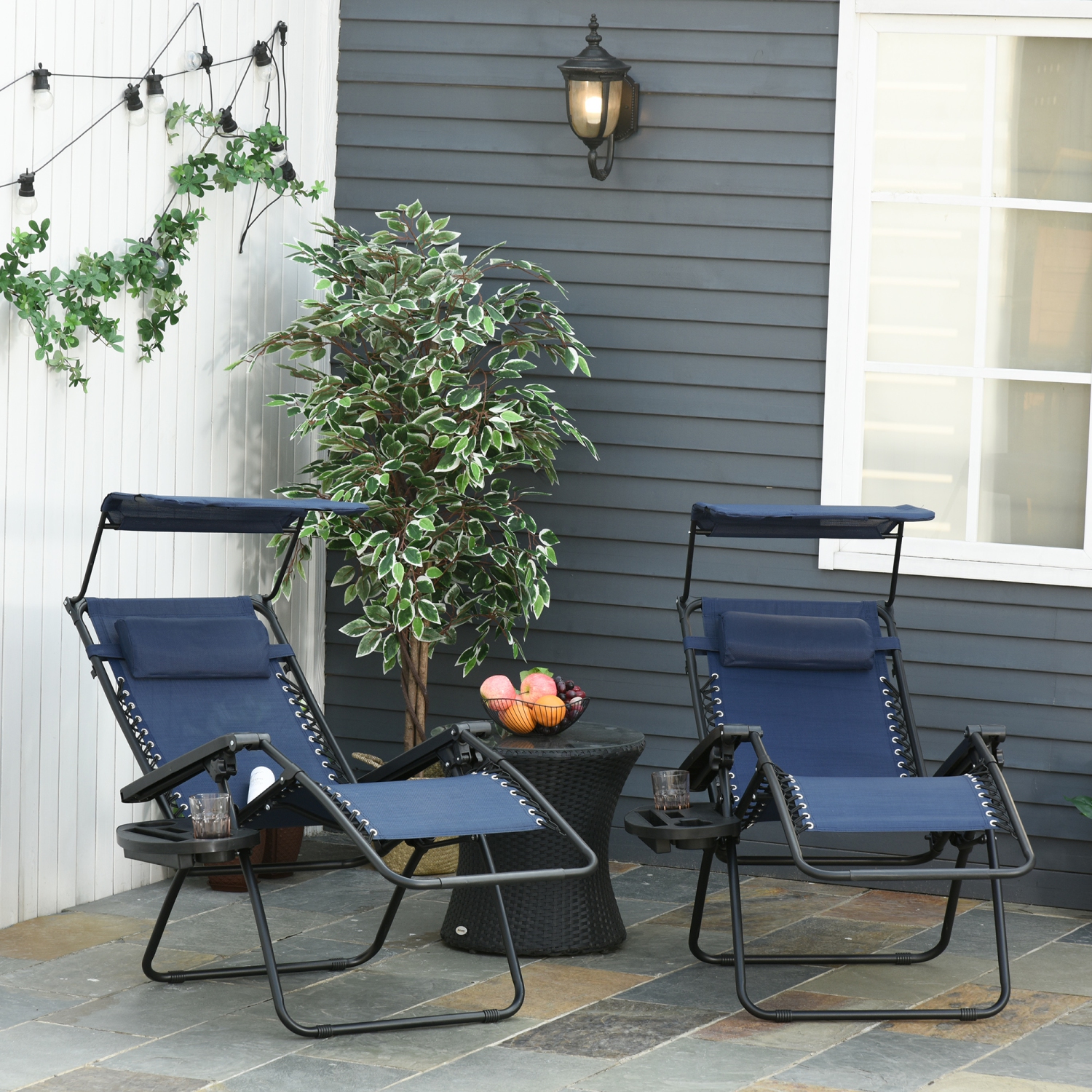 Outsunny 2 Piece Foldable Lounge Chair with Canopy Shade, Outdoor Zero Gravity Chair w/ Side Tray & Cup Holder, Reclining Lounger w/ Breathable Mesh