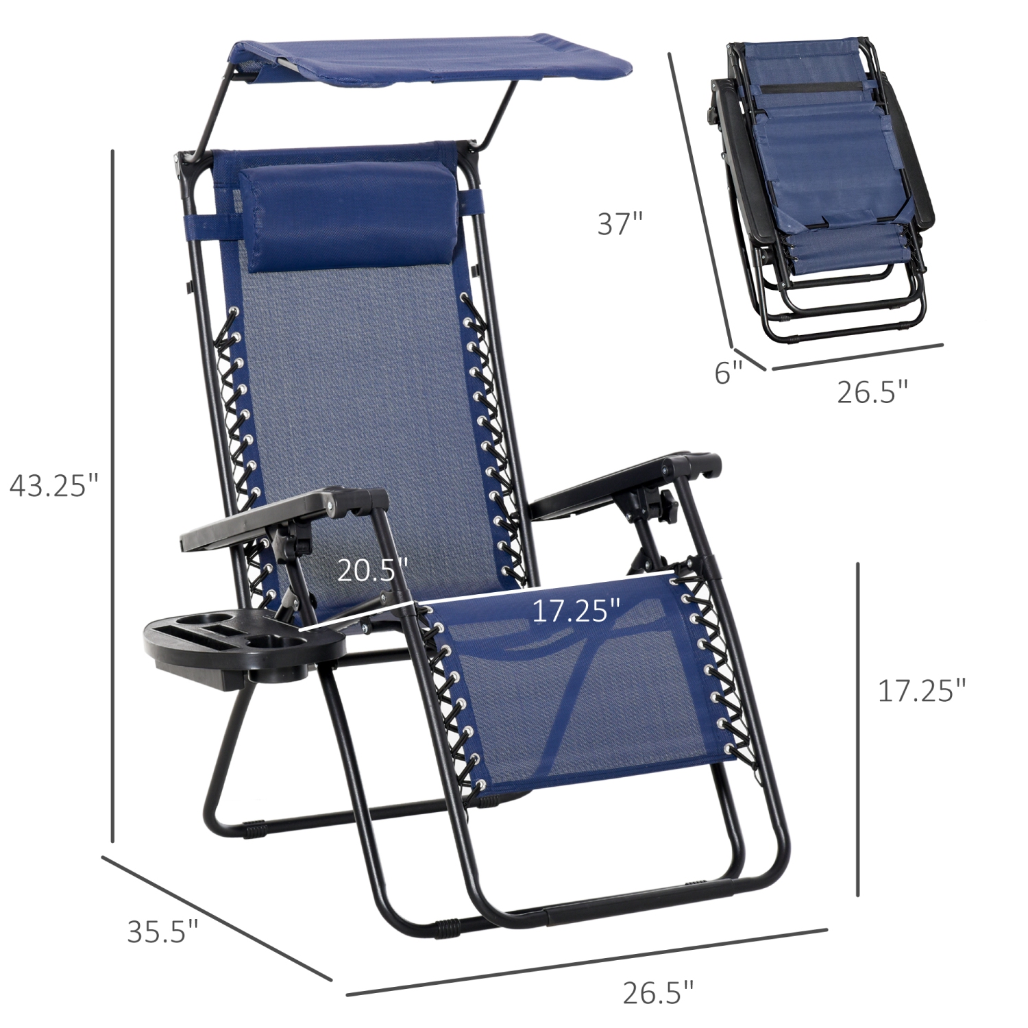 Outsunny 2 Piece Foldable Lounge Chair with Canopy Shade, Outdoor Zero Gravity Chair w/ Side Tray & Cup Holder, Reclining Lounger w/ Breathable Mesh