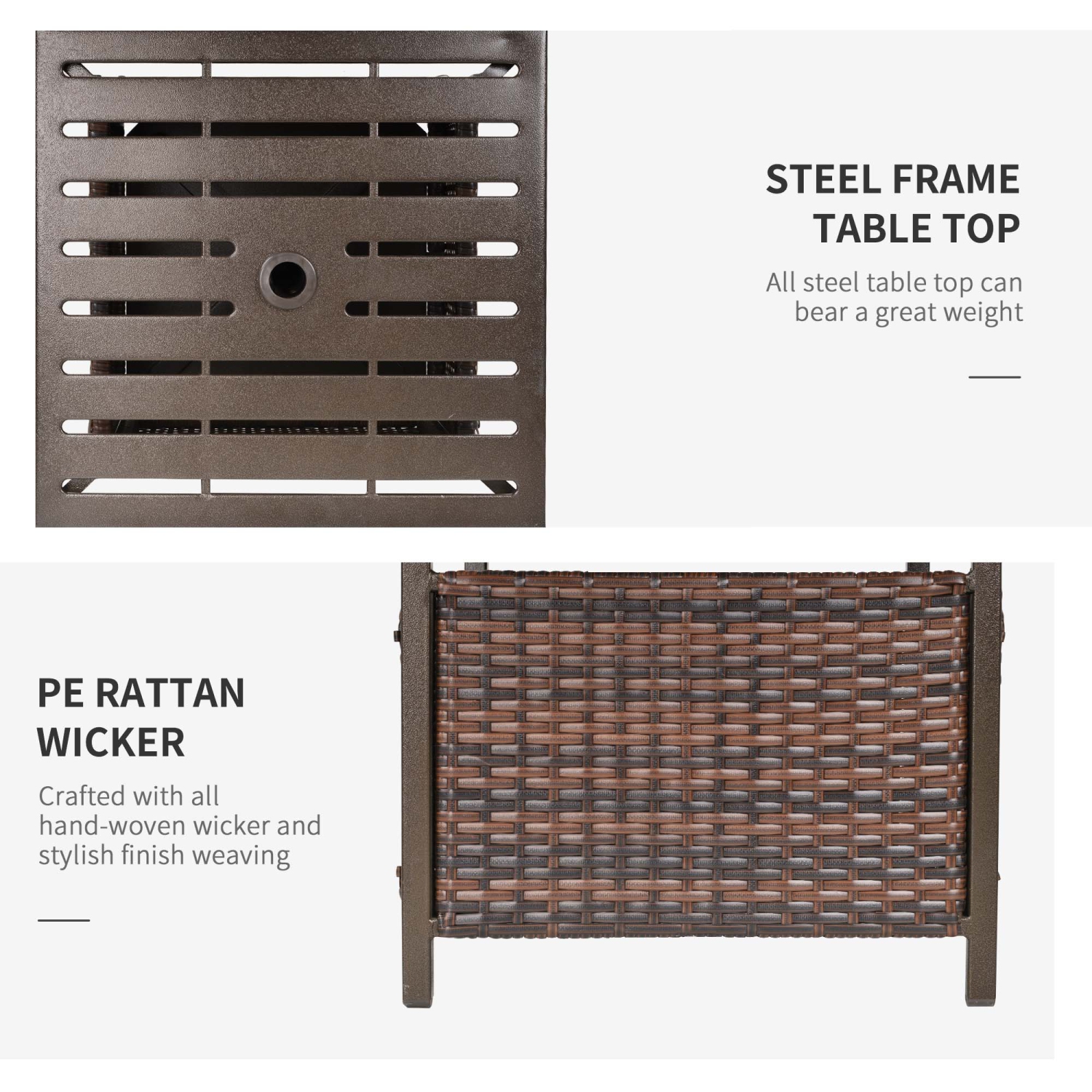 Table basse extérieure de patio en osier de rotin Outsunny de 22&nbsp;po avec trou pour parasol, table d'appoint de patio avec dessus en métal à