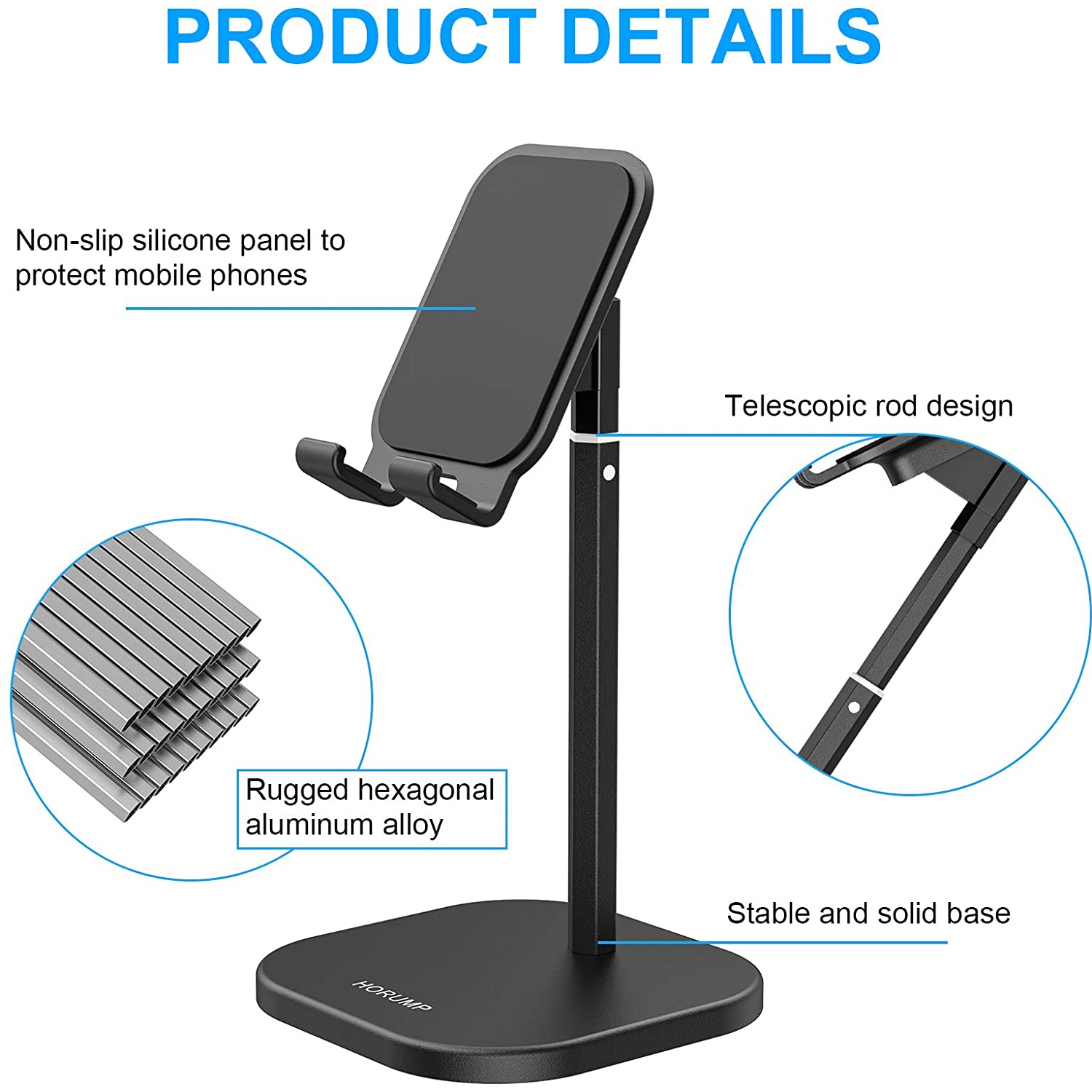 Wingomart- Cell Phone Stand, tablet holder Portable Desktop Stand Adjustable Height and Angle Phone Holder Aluminum Metal Stand Compatible with