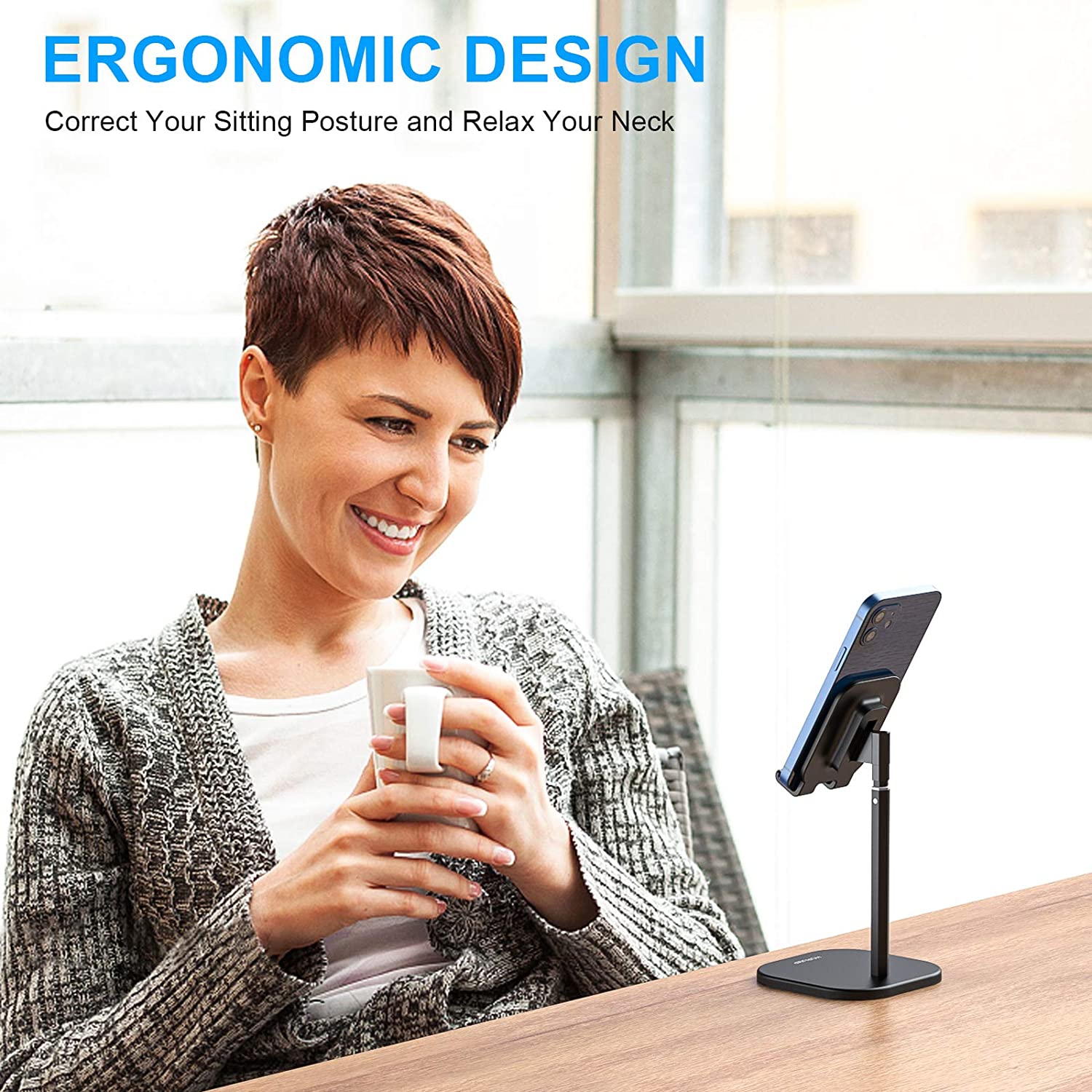 Wingomart- Cell Phone Stand, tablet holder Portable Desktop Stand Adjustable Height and Angle Phone Holder Aluminum Metal Stand Compatible with