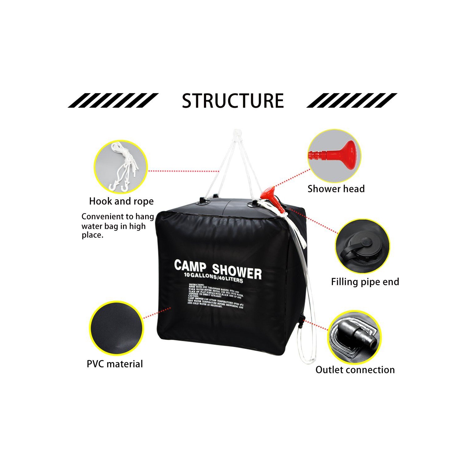 ISTAR 10 Gallon / 40L Solar Shower Bag, Solar Heating, Camping, 45 ° C Hot Water Shower Bag, Hiking, Mountaineering