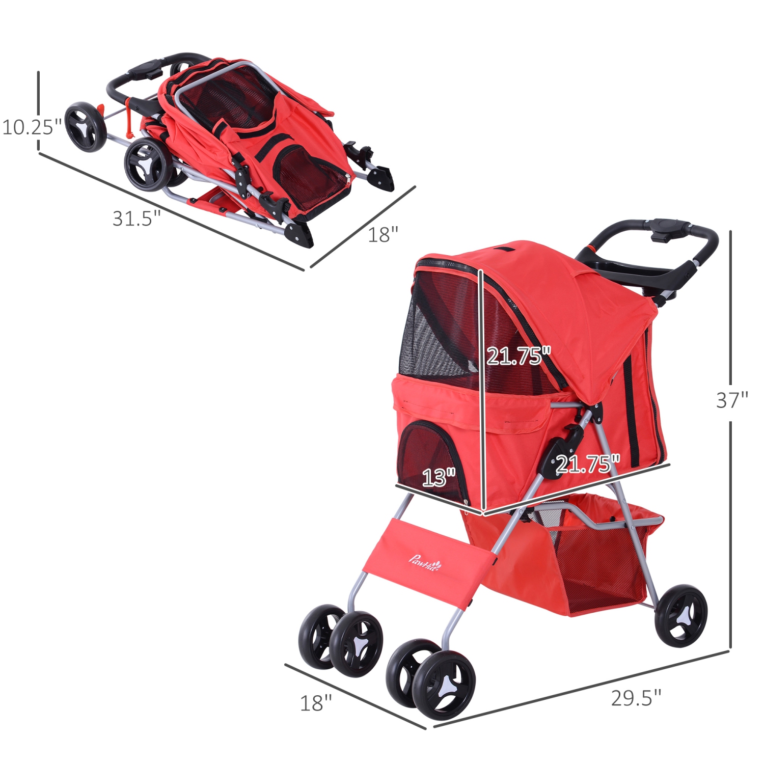 PawHut Pet Stroller Foldable Cup Holder with Storage 4 Wheels Red