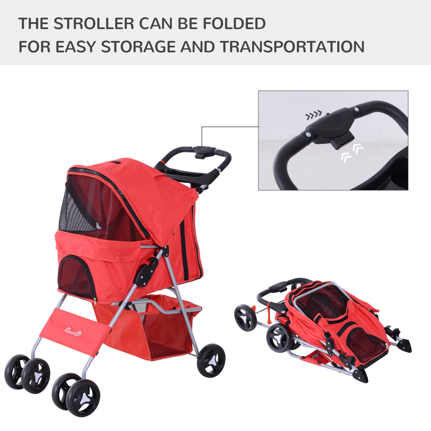 PawHut Pet Stroller Foldable Cup Holder with Storage 4 Wheels Red