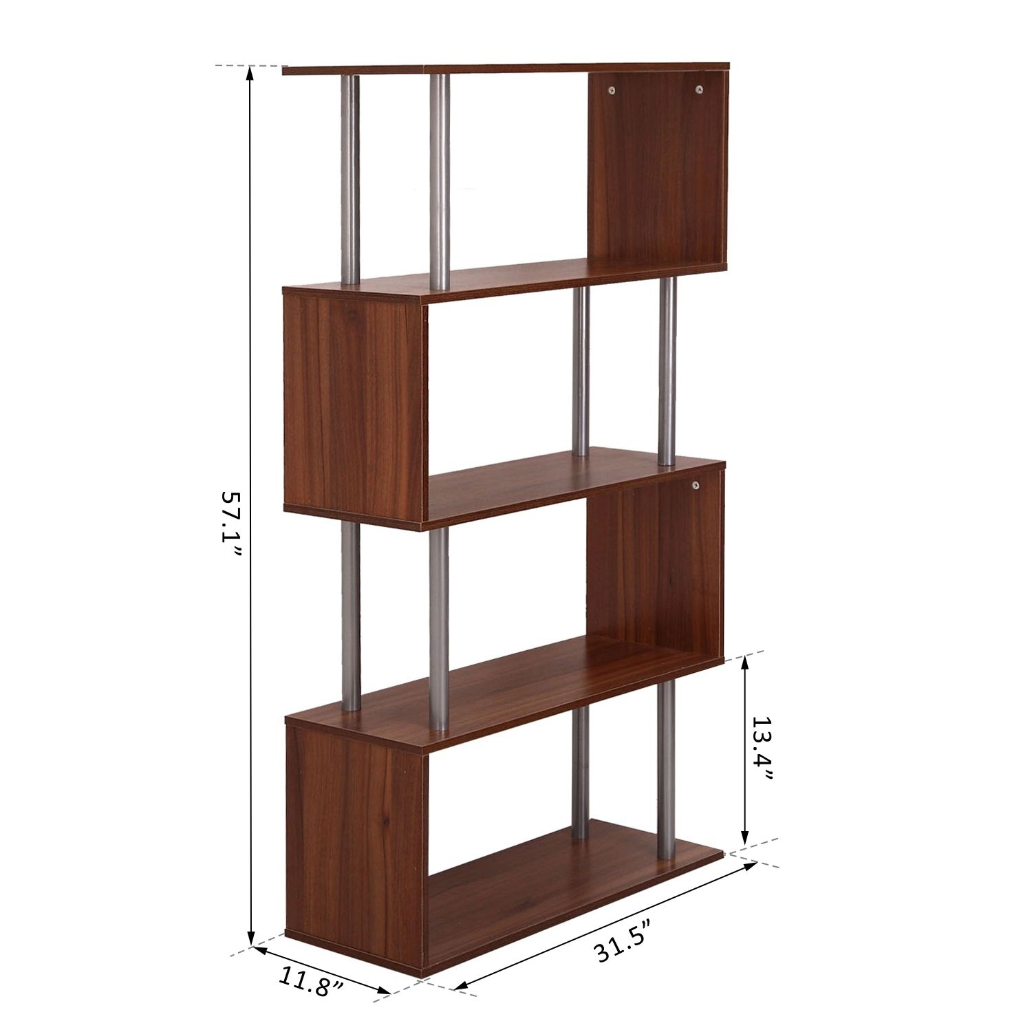 HOMCOM 4-Tires Wooden Bookcase S Shape Storage Bookshelf Display for Living Room, Bedroom, Office with Steel Frame, Walnut