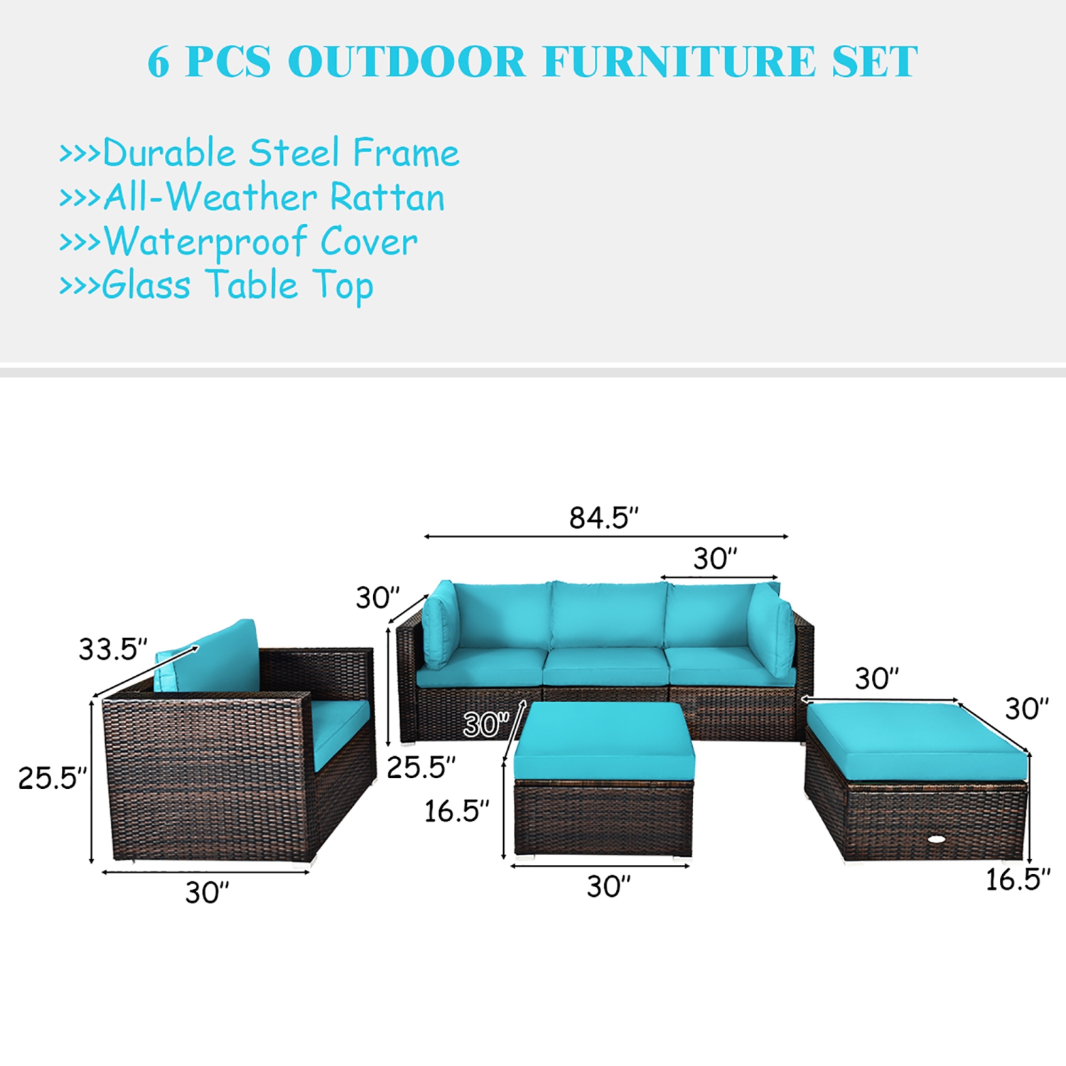 Costway 6PCS Patio Rattan Furniture Set Cushion Sofa Coffee Table