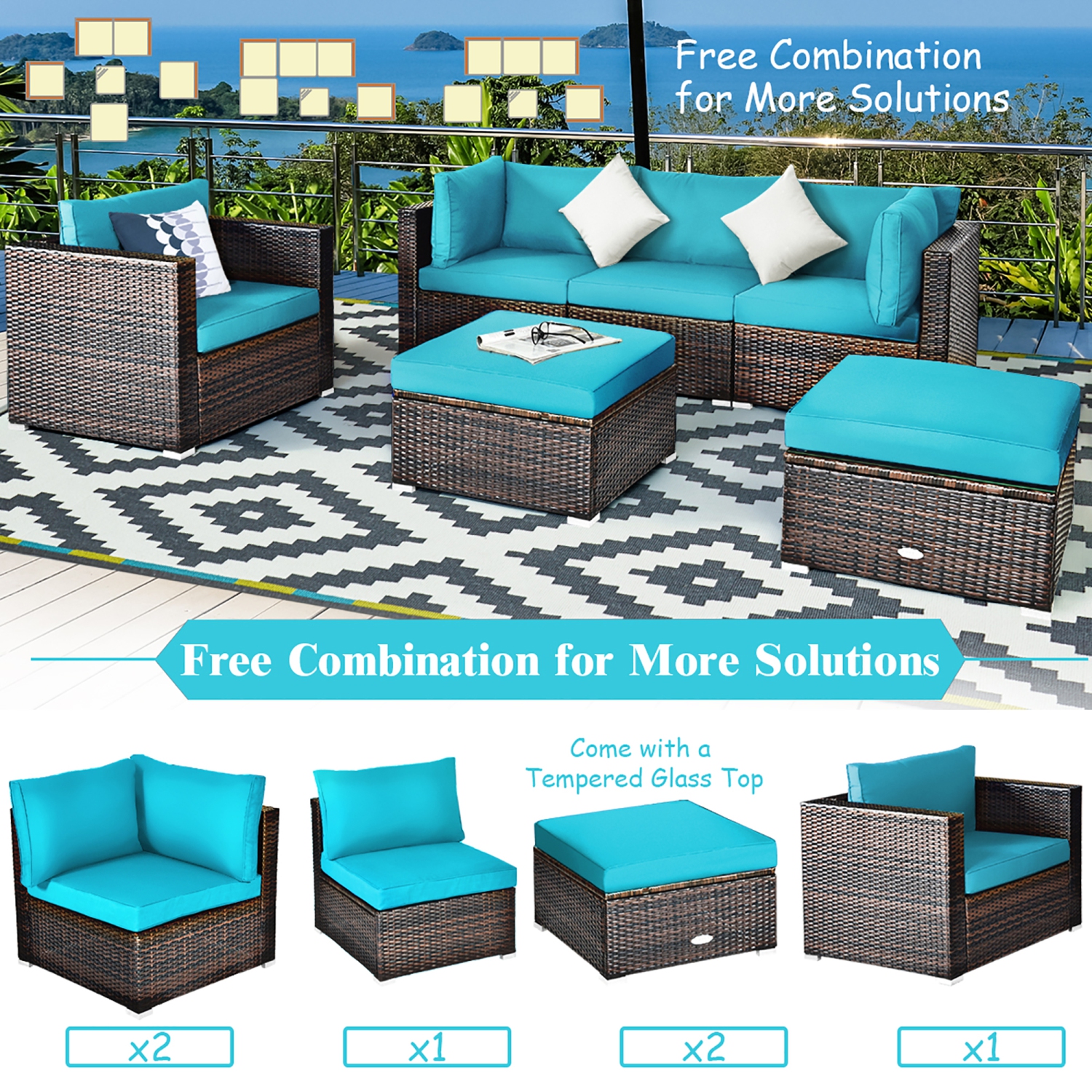 Costway 6PCS Patio Rattan Furniture Set Cushion Sofa Coffee Table