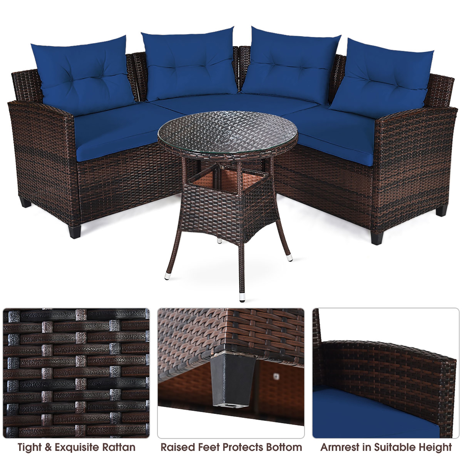 Costway 4PCS Outdoor Patio Rattan Furniture Set Cushioned Sofa Table