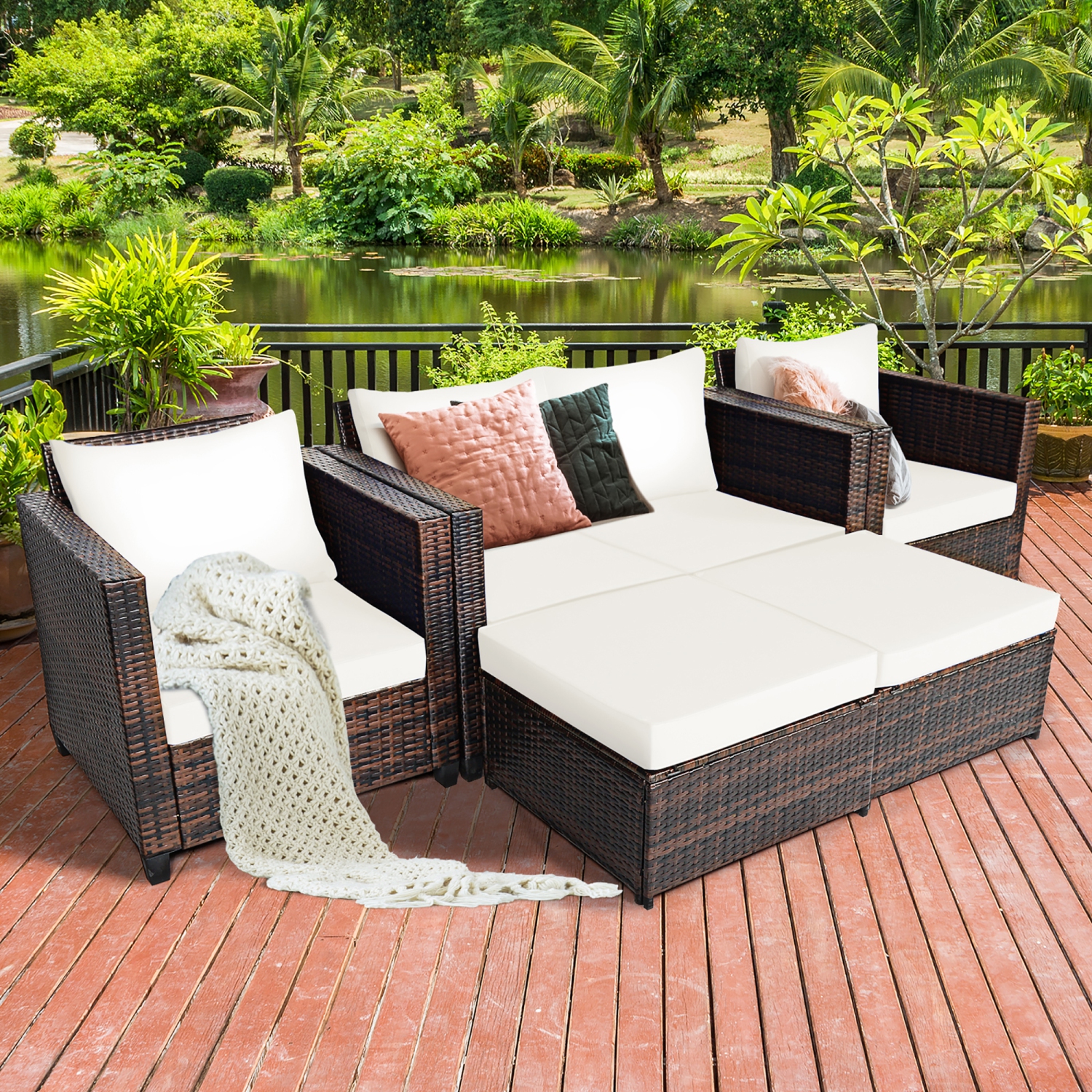 Costway 5PCS Patio Rattan Furniture Set Loveseat Sofa Ottoman Cushioned