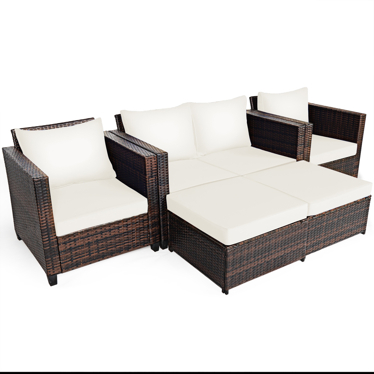 Costway 5PCS Patio Rattan Furniture Set Loveseat Sofa Ottoman Cushioned